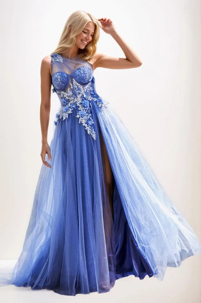 One Shoulder 3D Flower A-Line Tulle Prom Dresses CS0925