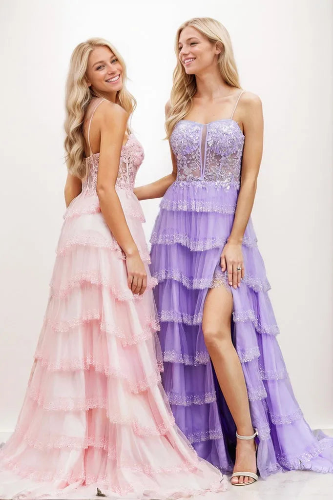 Spaghetti Straps Ruffles Tiered Prom Dresses With Slit CS0930