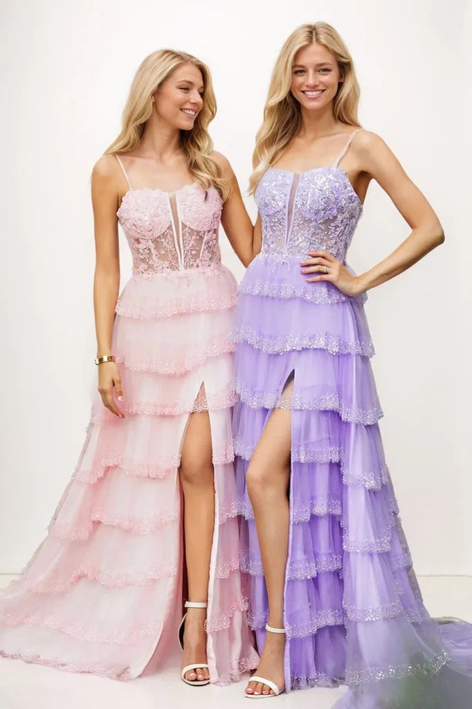 Spaghetti Straps Ruffles Tiered Prom Dresses With Slit CS0930