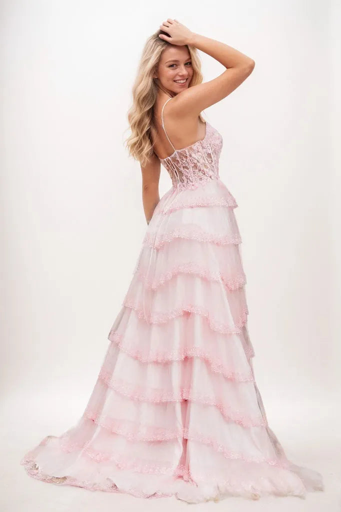 Spaghetti Straps Ruffles Tiered Prom Dresses With Slit CS0930