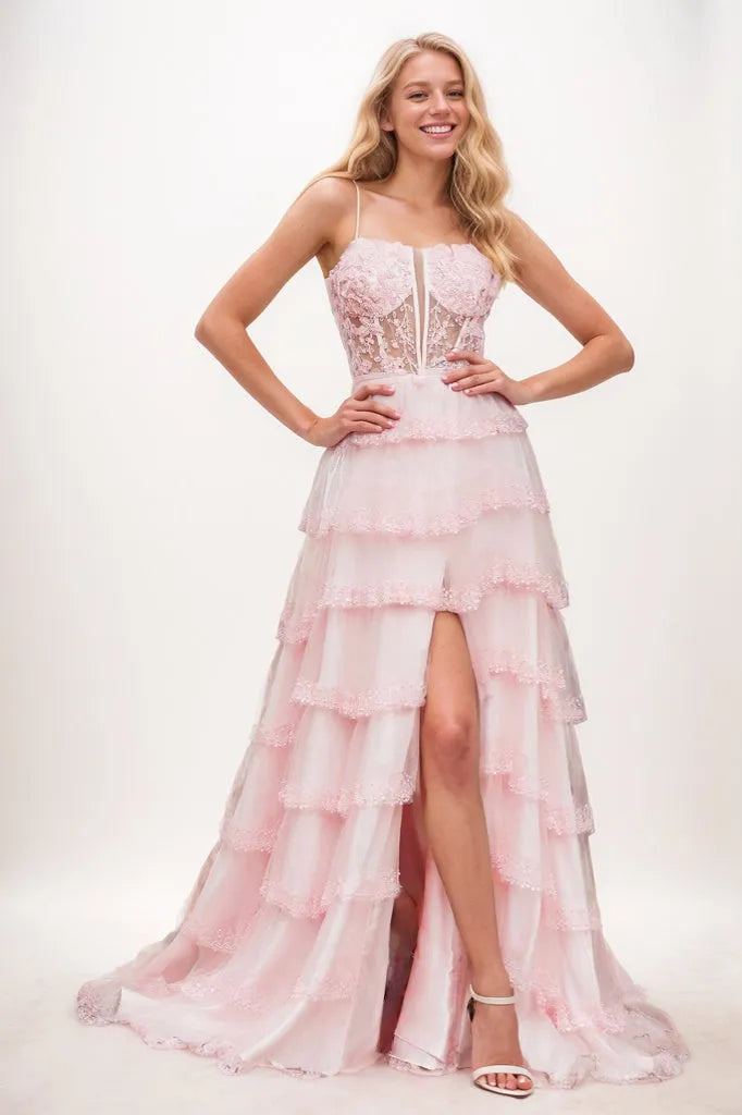 Spaghetti Straps Ruffles Tiered Prom Dresses With Slit CS0930