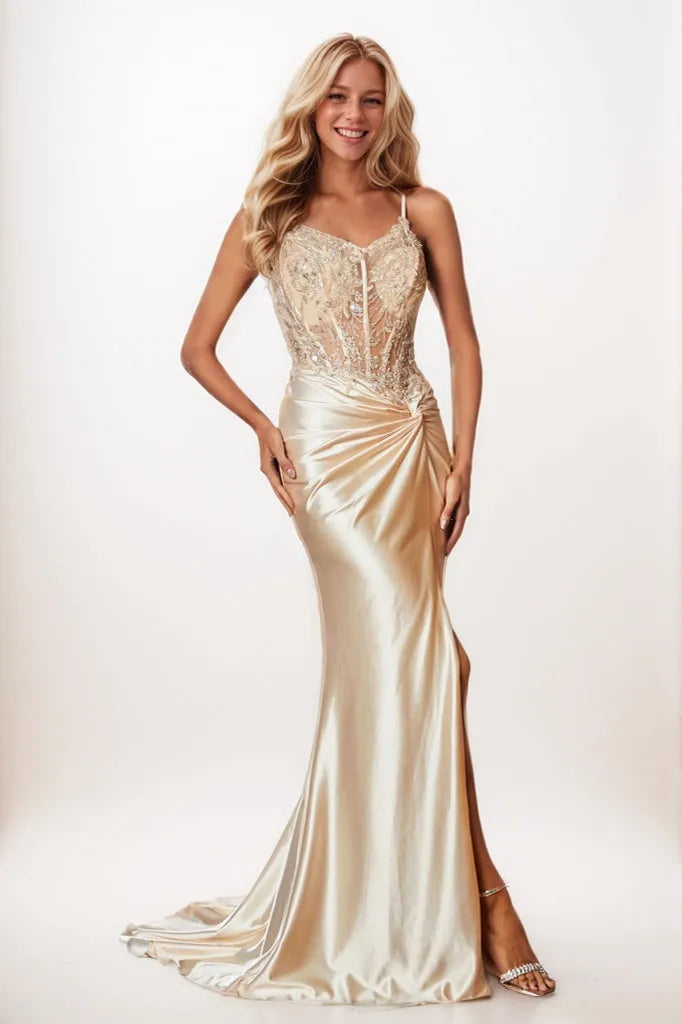 V-neck Corset Bodice Sheath Prom Dresses CS0931