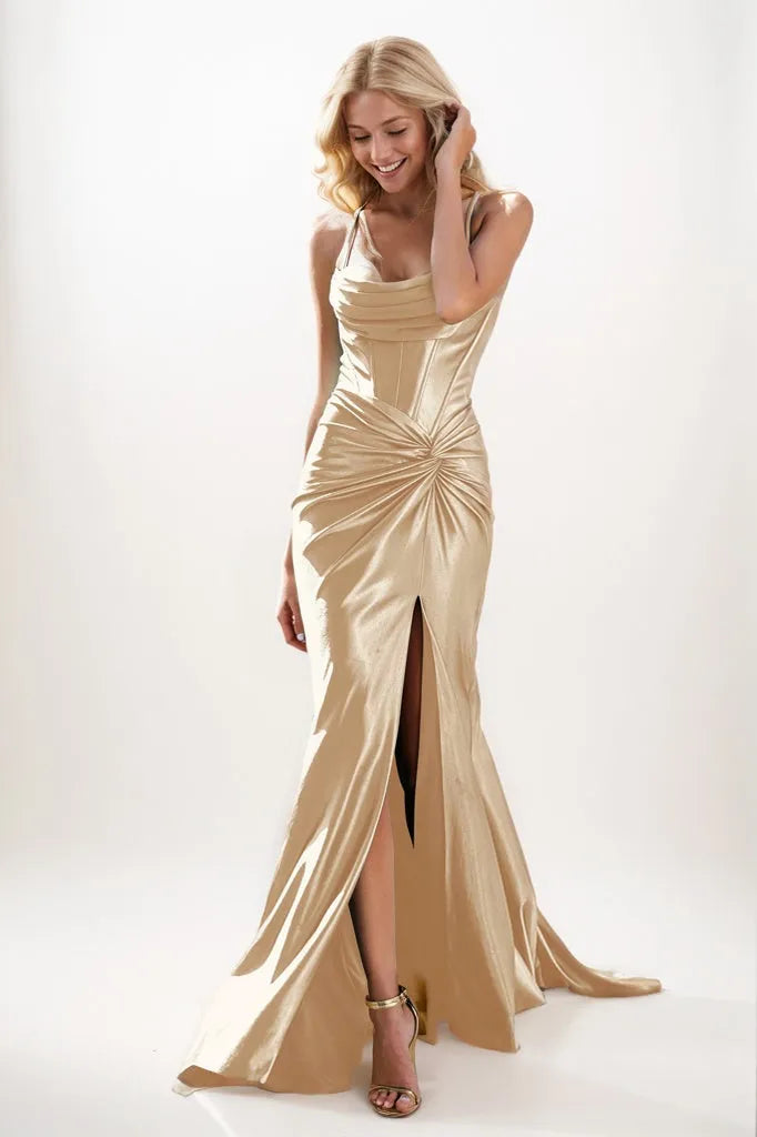 Corset Bodice Pleated Stretch Satin Prom Dresses CS0933