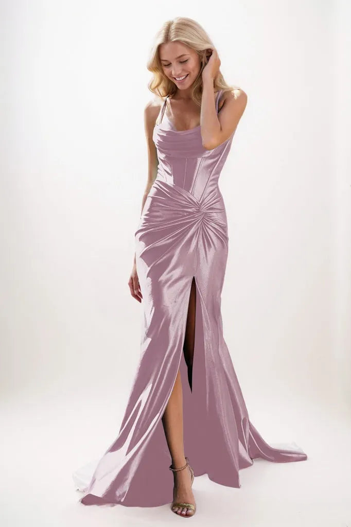Corset Bodice Pleated Stretch Satin Prom Dresses CS0933
