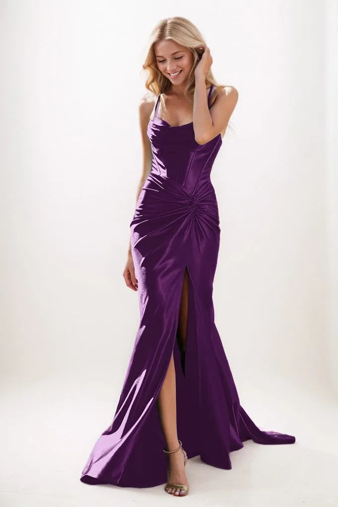 Corset Bodice Pleated Stretch Satin Prom Dresses CS0933