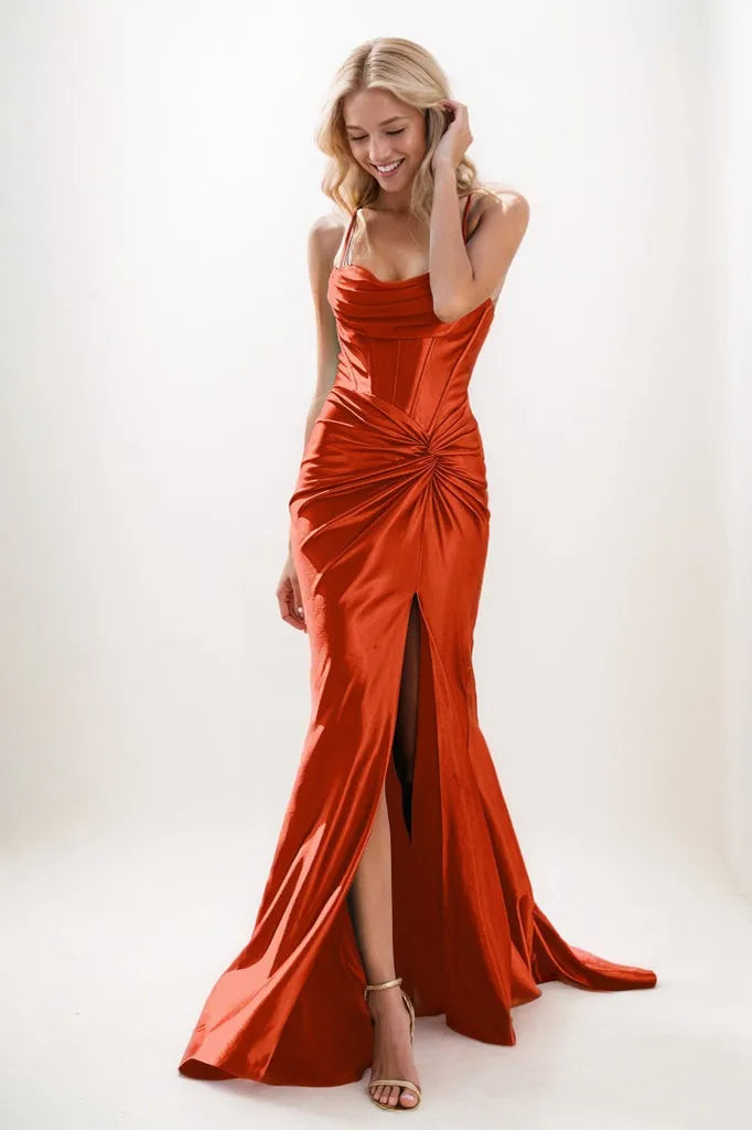 Corset Bodice Pleated Stretch Satin Prom Dresses CS0933