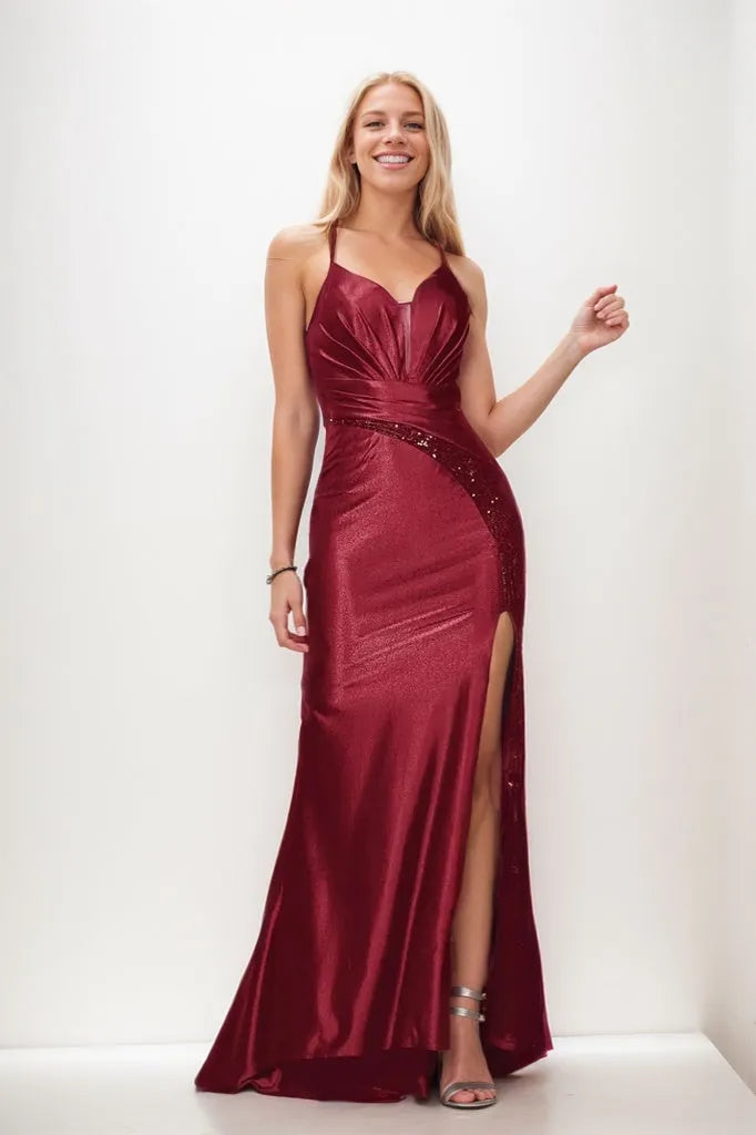 Illusion V Neck Top Metallic Prom Dresses CS0938