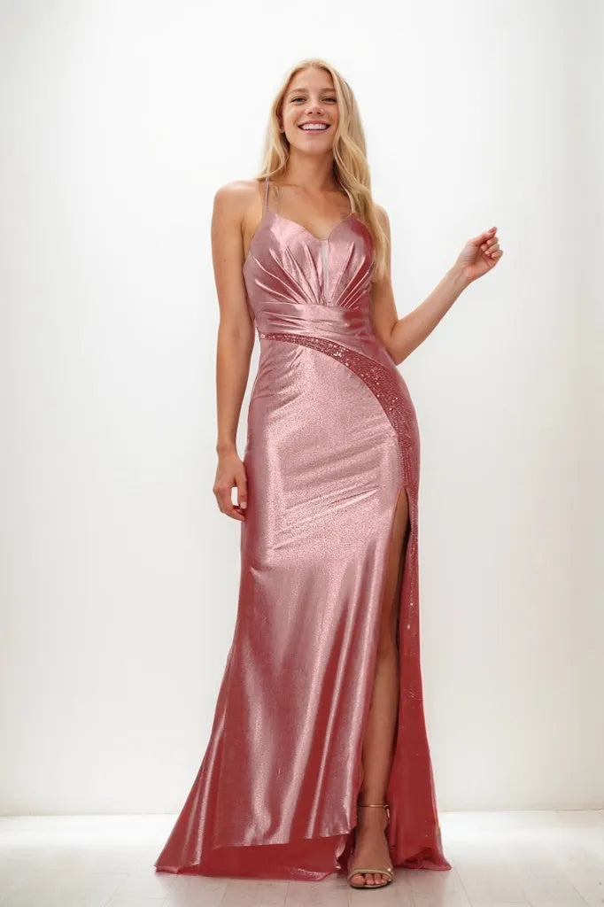 Illusion V Neck Top Metallic Prom Dresses CS0938