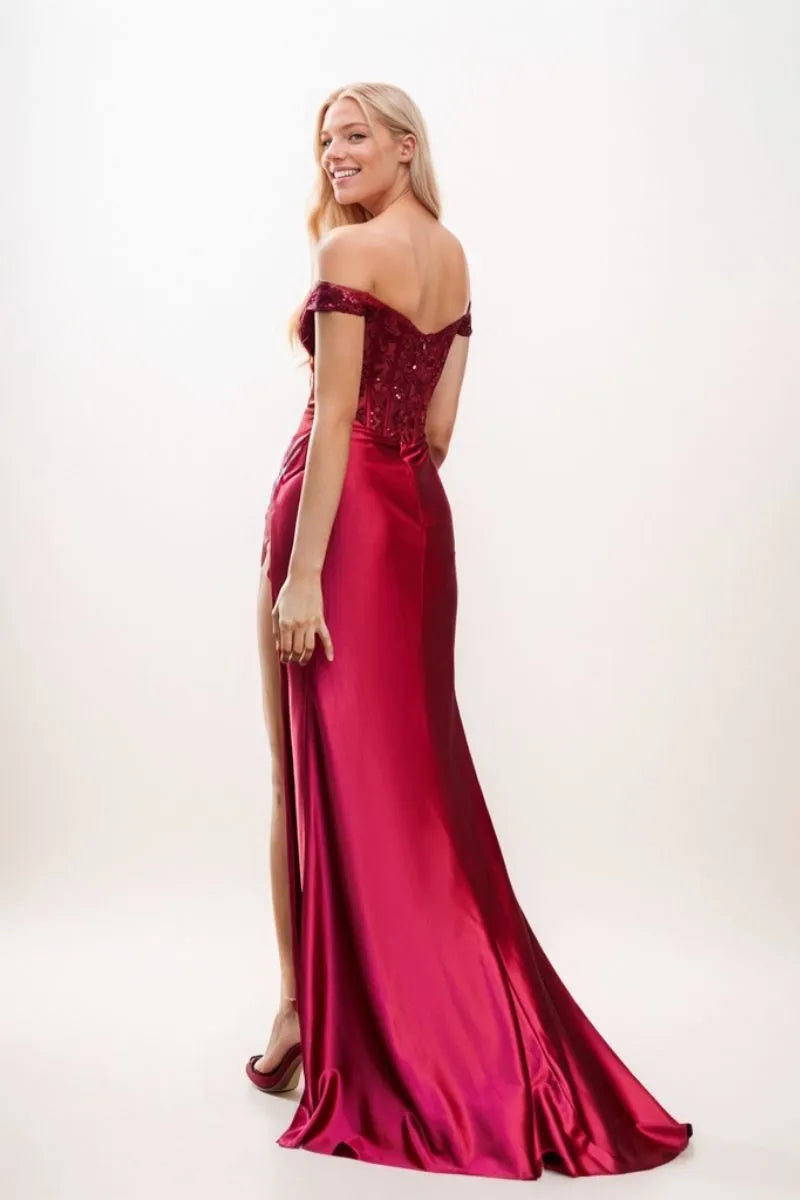 Off The Shoulder Bodice Top Satin Prom Dresses CS0940