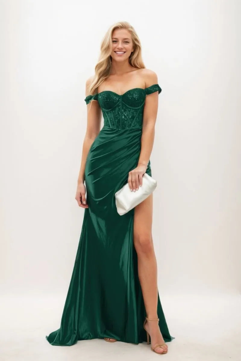 Off The Shoulder Bodice Top Satin Prom Dresses CS0940