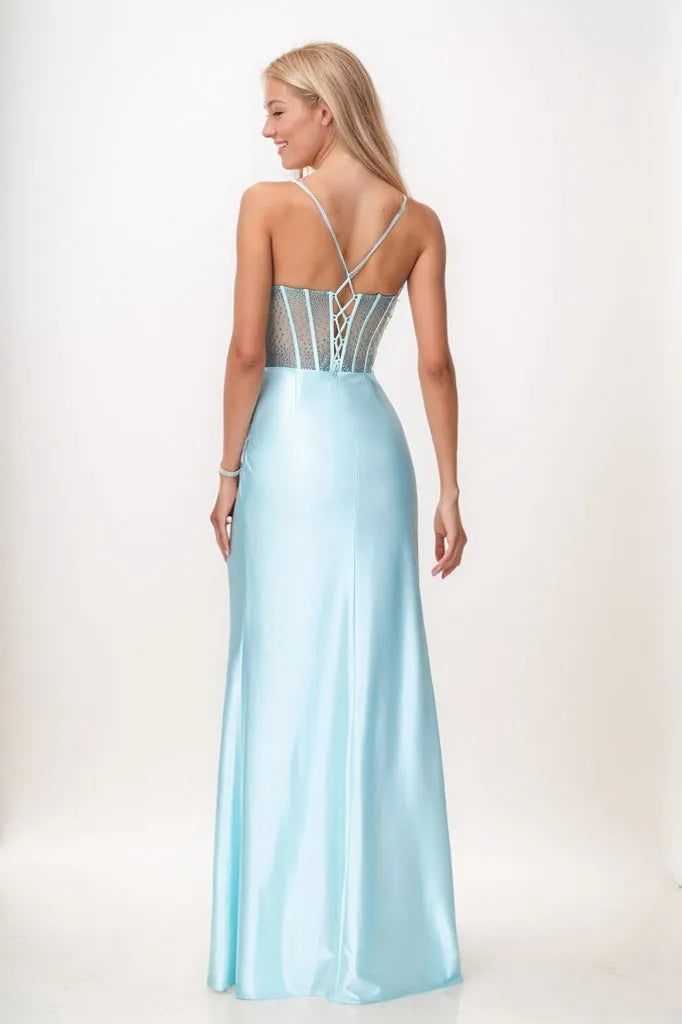 See Through Pleated Stretch Satin Maxi Prom Dresses With Slit CS0941