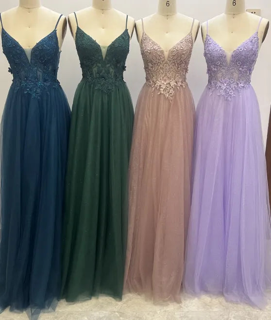 V Neck Rhinestone Tulle Applique Long Prom Dresses CS0942