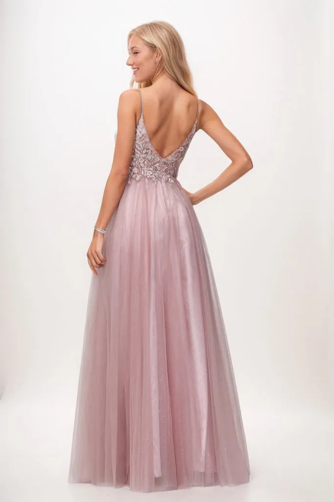 V Neck Rhinestone Tulle Applique Long Prom Dresses CS0942