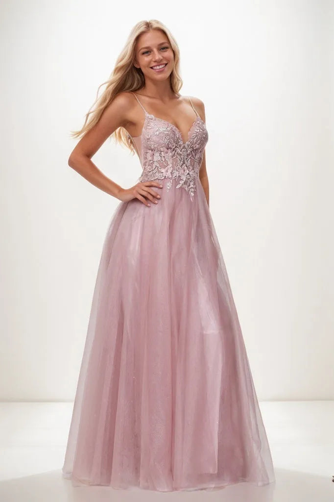 V Neck Rhinestone Tulle Applique Long Prom Dresses CS0942