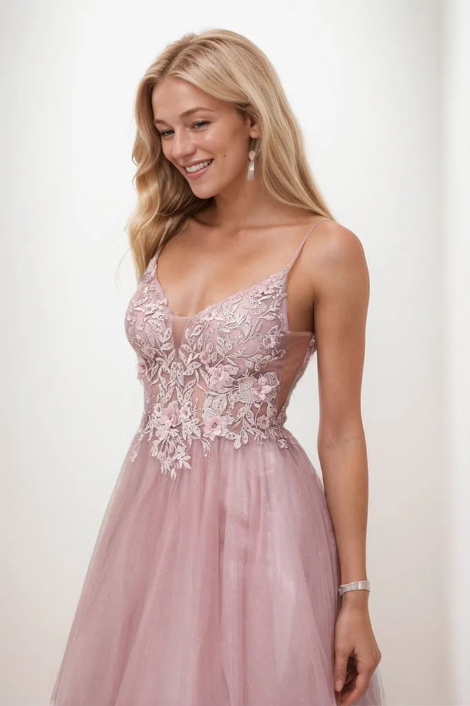 V Neck Rhinestone Tulle Applique Long Prom Dresses CS0942