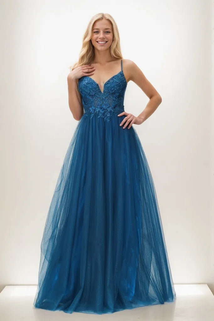 V Neck Rhinestone Tulle Applique Long Prom Dresses CS0942