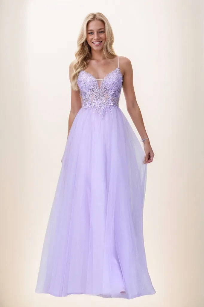 V Neck Rhinestone Tulle Applique Long Prom Dresses CS0942