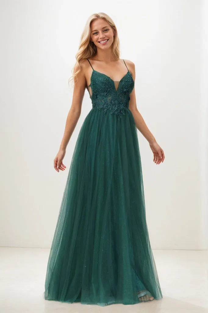 V Neck Rhinestone Tulle Applique Long Prom Dresses CS0942