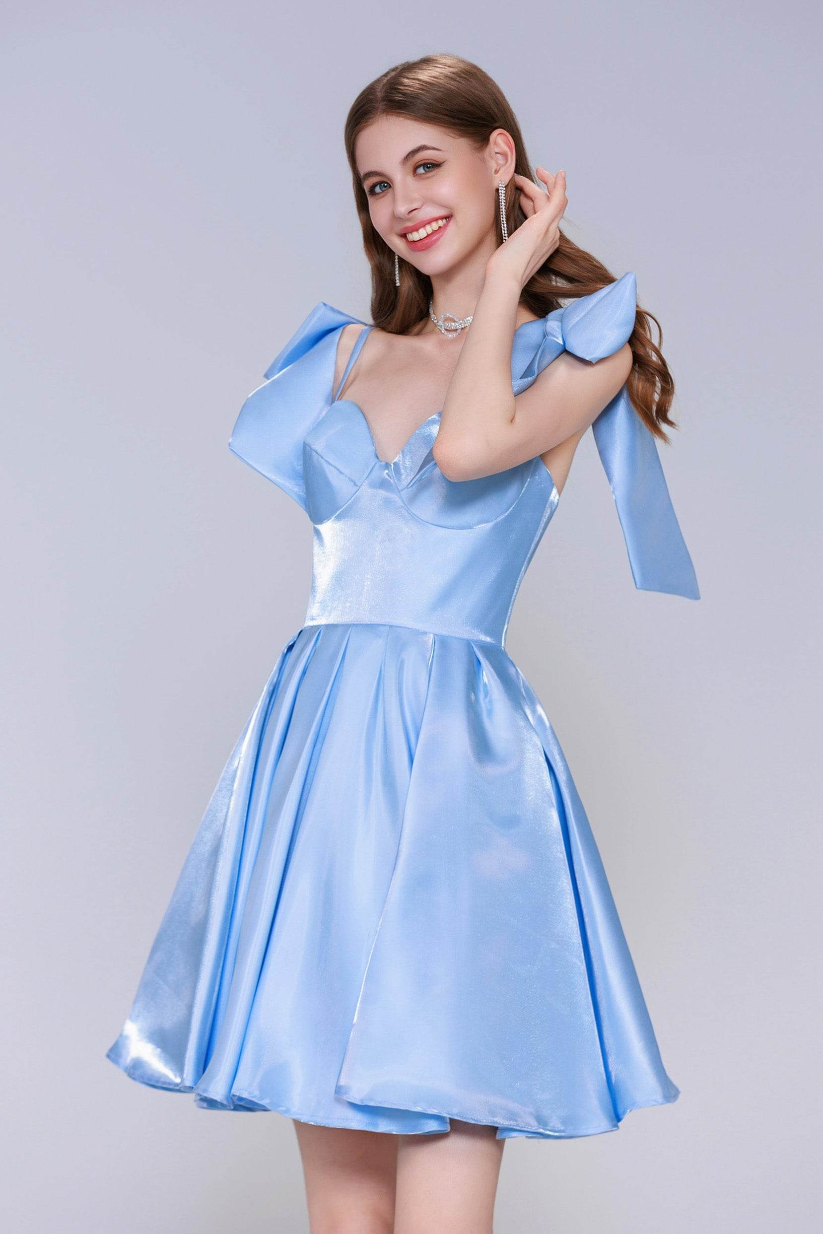 Princess Short Blue Stain Homecoming Dress with Bow A Line Corset Mini Party Dress COCOMELODY CS0944, Light Blue Princess Short Blue Stain Homecoming Dress with Bow A Line Corset Mini Party Dress COCOMELODY CS0944, Light Blue