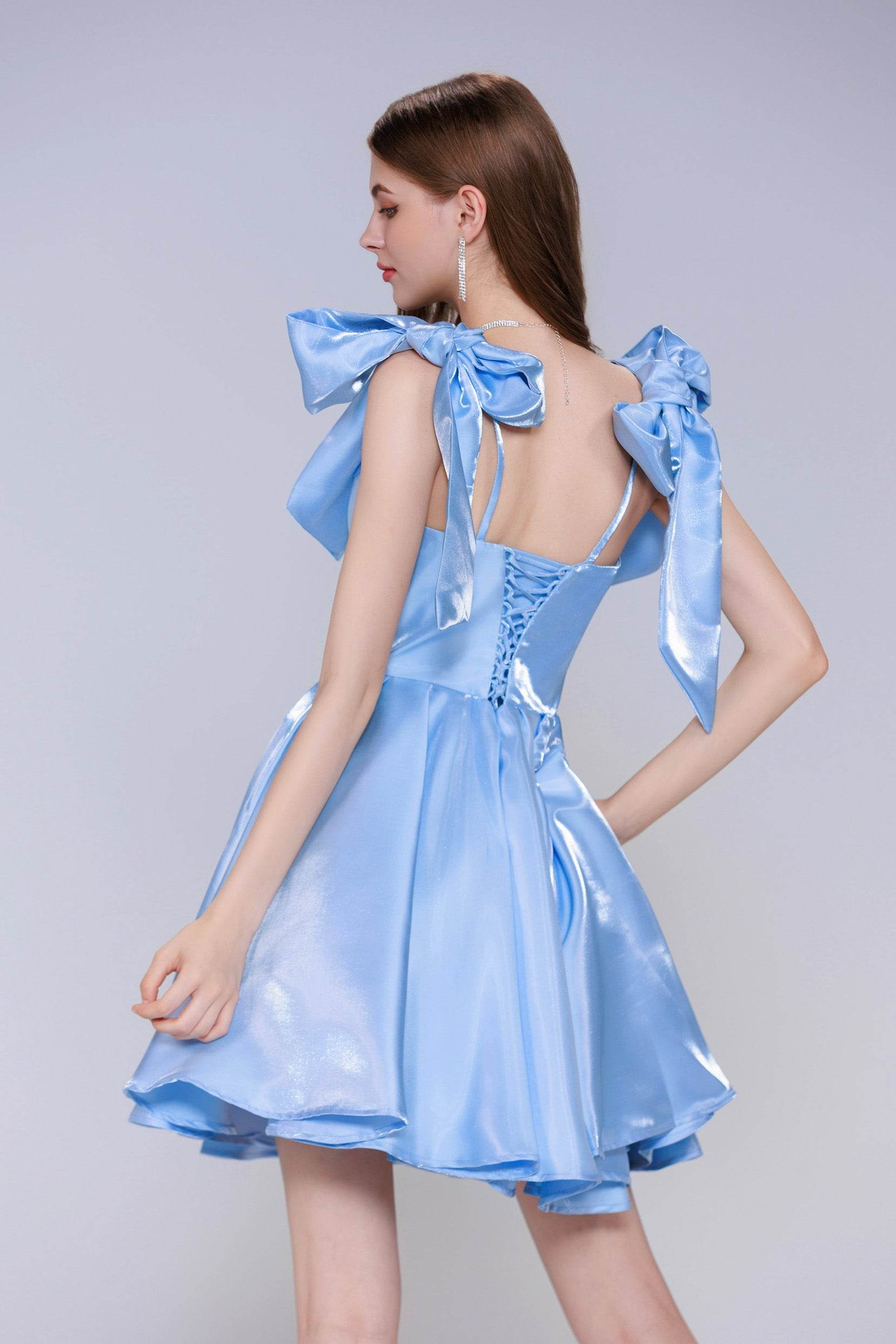 Princess Short Blue Stain Homecoming Dress with Bow A Line Corset Mini Party Dress COCOMELODY CS0944, Light Blue Princess Short Blue Stain Homecoming Dress with Bow A Line Corset Mini Party Dress COCOMELODY CS0944, Light Blue