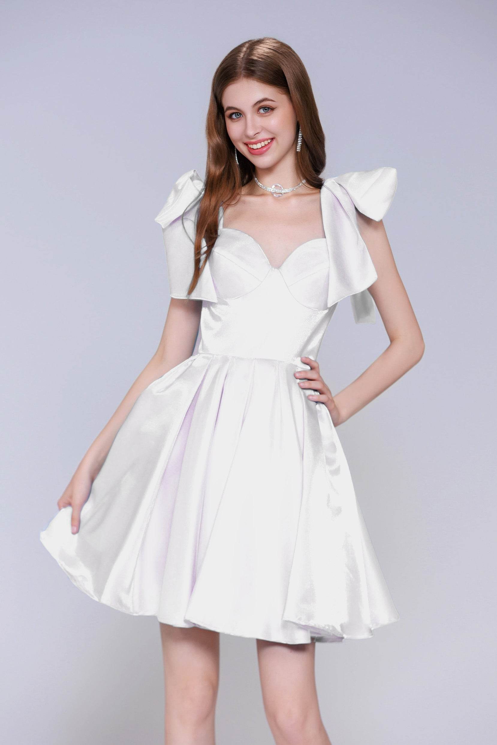 Princess Short Blue Stain Homecoming Dress with Bow A Line Corset Mini Party Dress COCOMELODY CS0944 Princess Short Blue Stain Homecoming Dress with Bow A Line Corset Mini Party Dress COCOMELODY CS0944