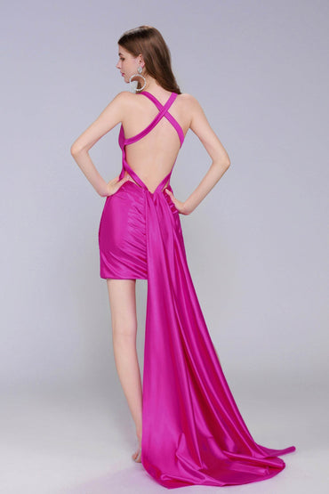 Sheath-Column Sweep-Brush Train Stretch Satin Homecoming Dress CS0974 - COCOMELODY