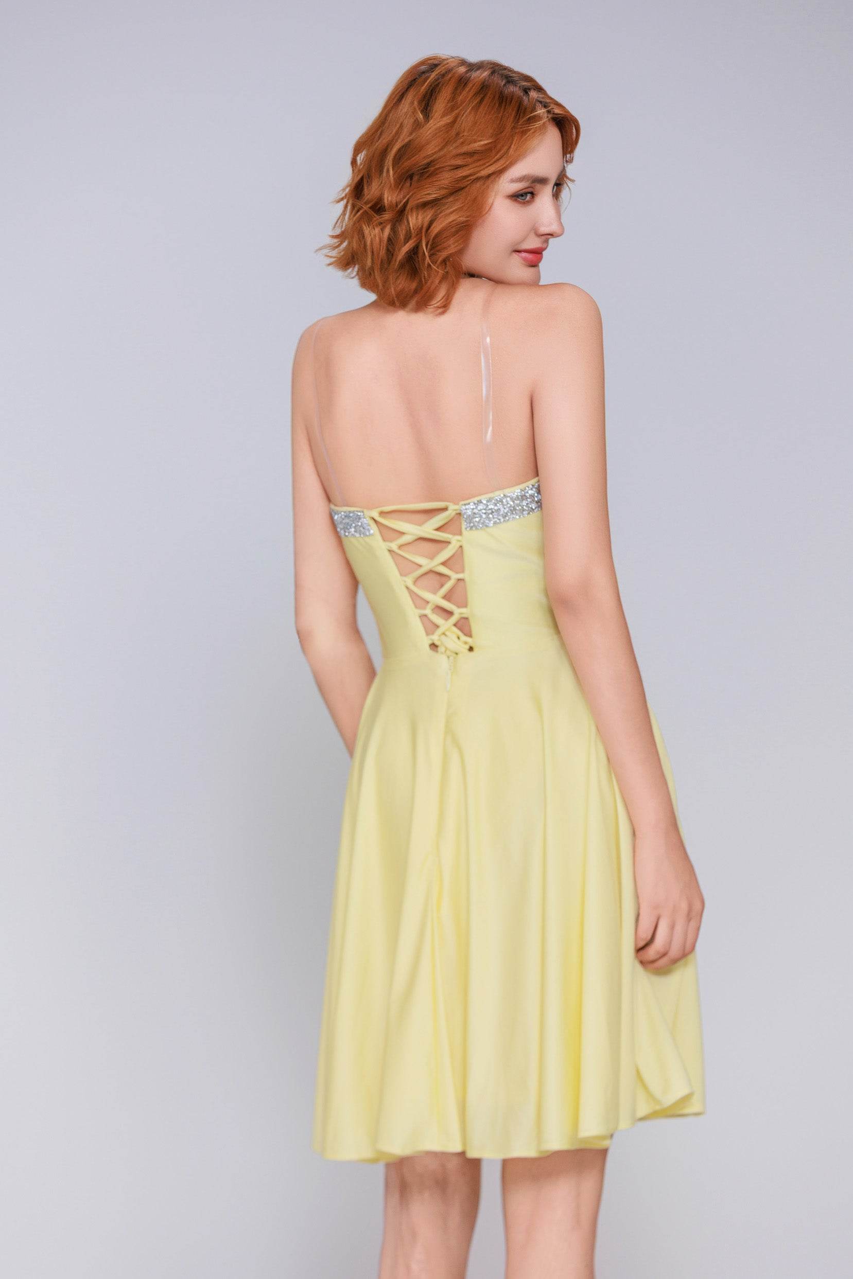 A-Line Mini Stretch Crepe Yellow Homecoming Dresses COCOMELODY CS0980, Pale Yellow A-Line Mini Stretch Crepe Yellow Homecoming Dresses COCOMELODY CS0980, Pale Yellow