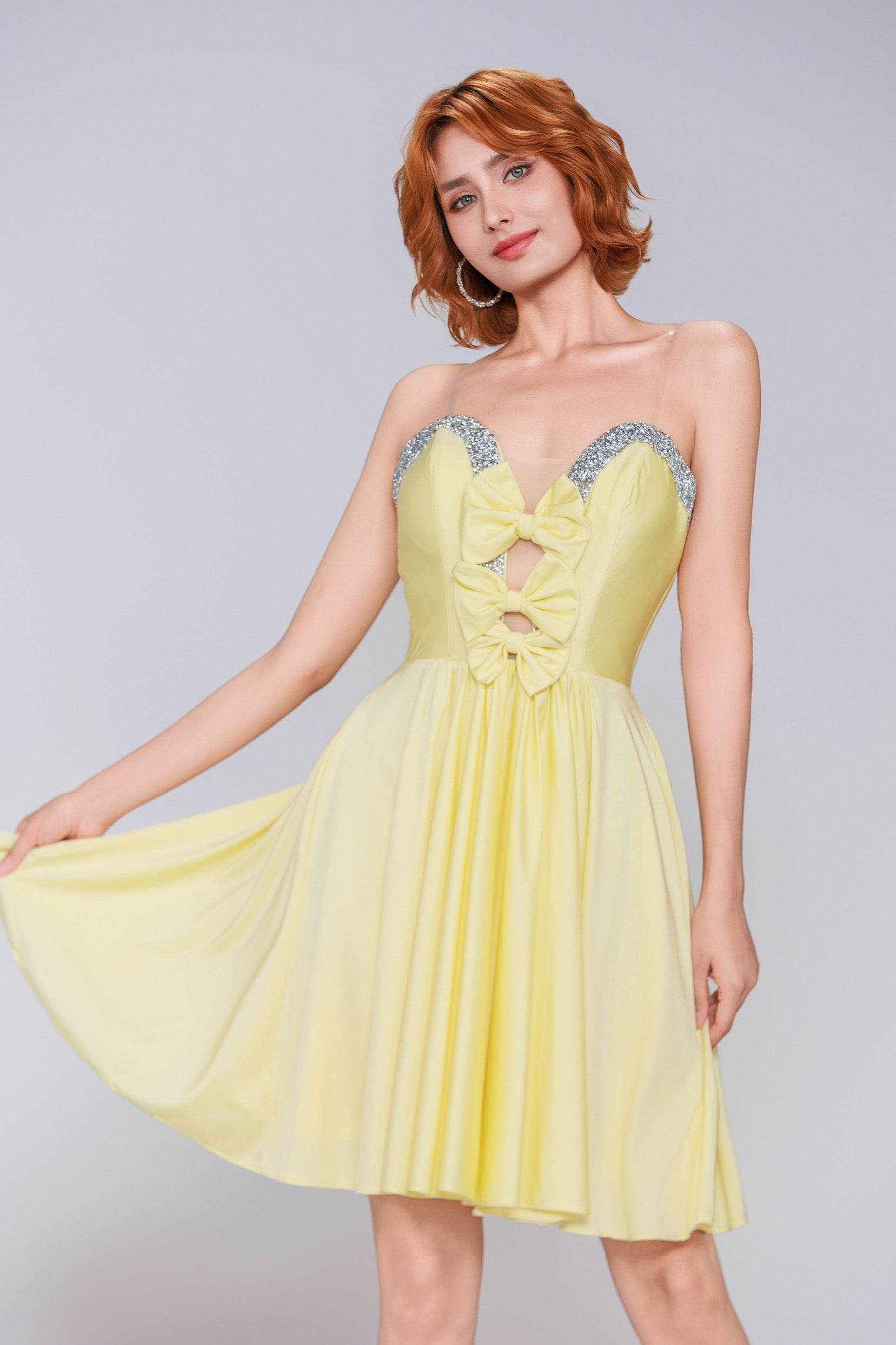 A-Line Mini Stretch Crepe Yellow Homecoming Dresses COCOMELODY CS0980 A-Line Mini Stretch Crepe Yellow Homecoming Dresses COCOMELODY CS0980