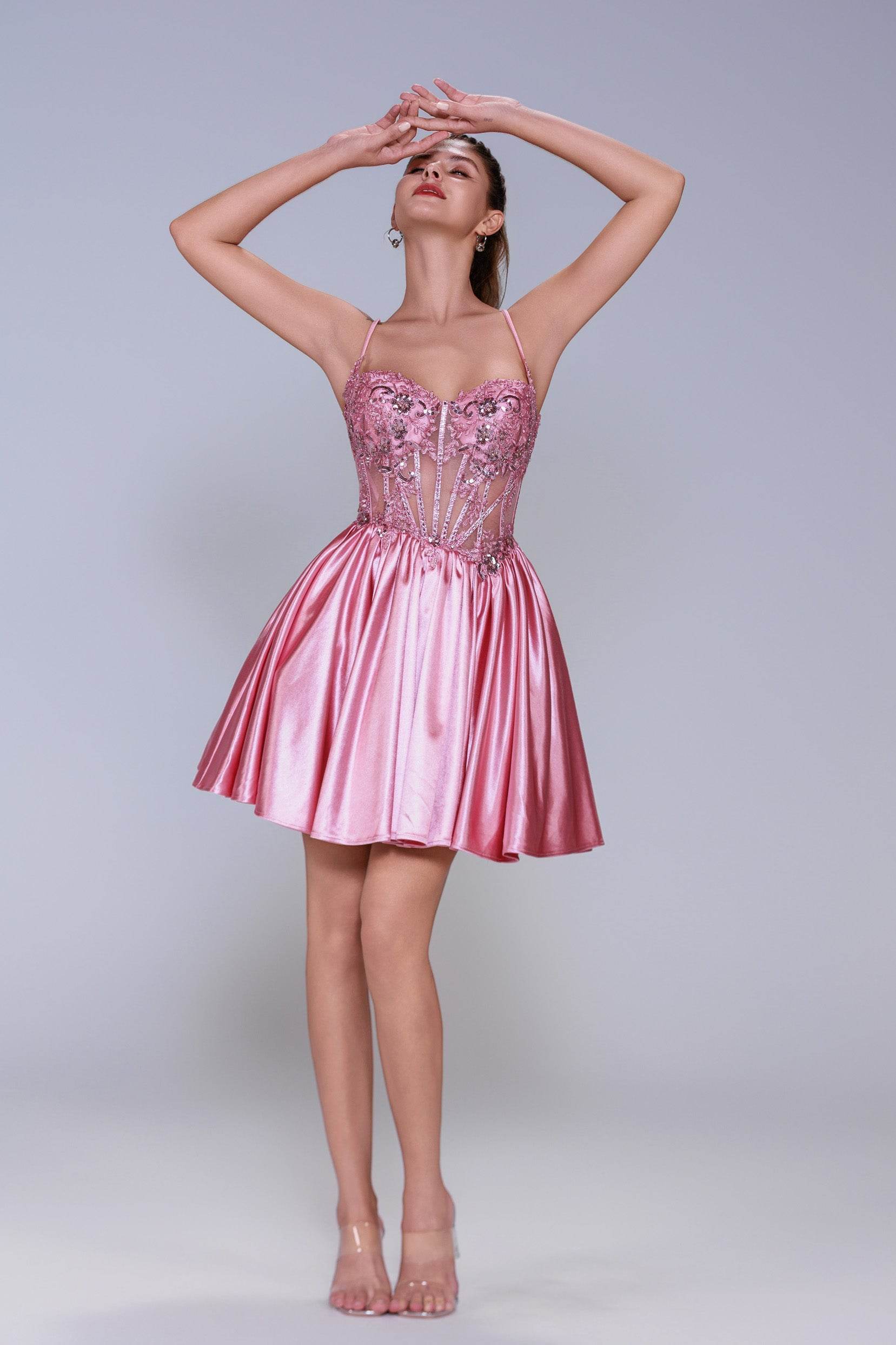 A-Line Mini Stretch Satin Pink Homecoming Dresses COCOMELODY CS1007 A-Line Mini Stretch Satin Pink Homecoming Dresses COCOMELODY CS1007