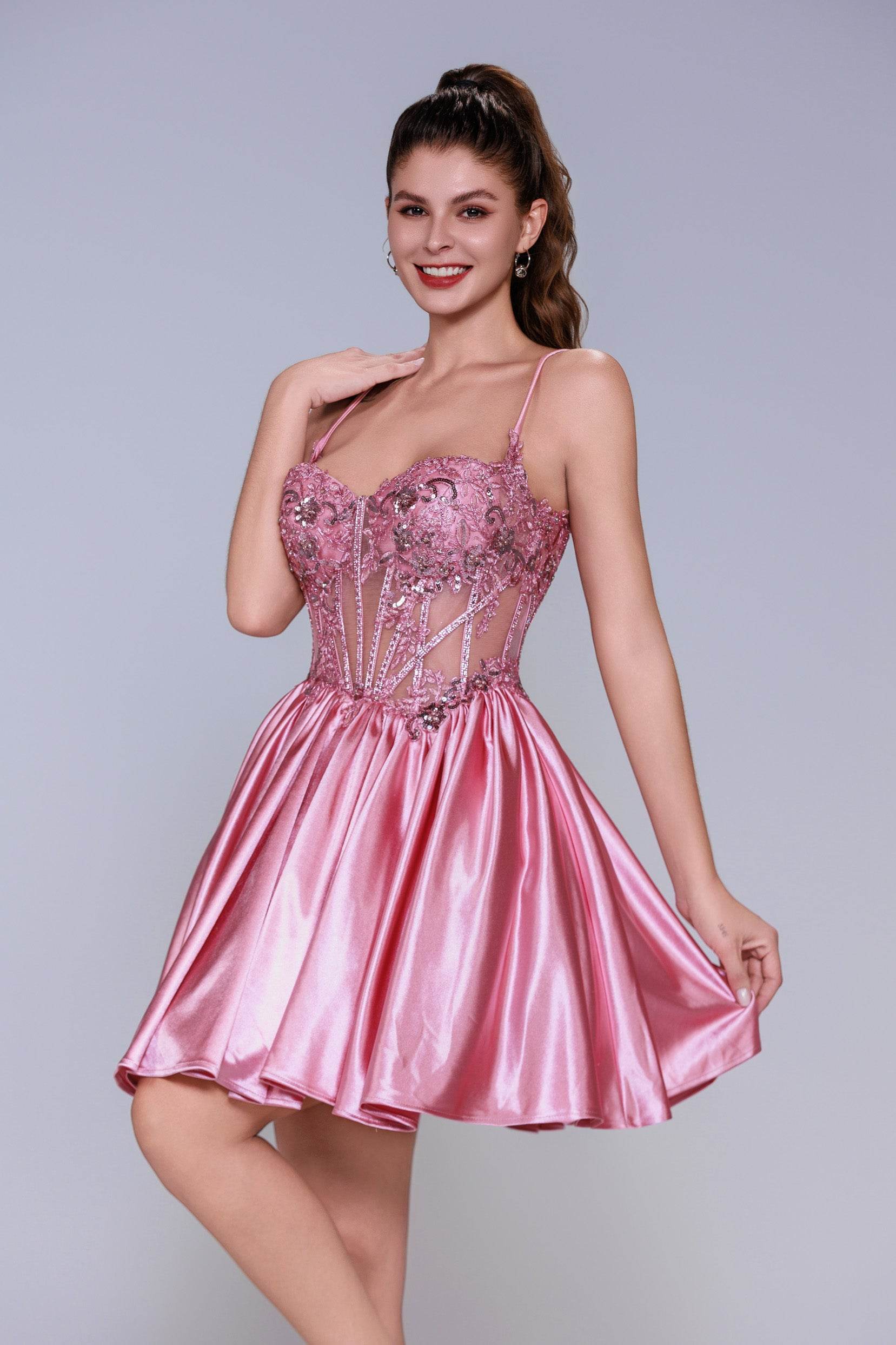 A-Line Mini Stretch Satin Pink Homecoming Dresses COCOMELODY CS1007 A-Line Mini Stretch Satin Pink Homecoming Dresses COCOMELODY CS1007