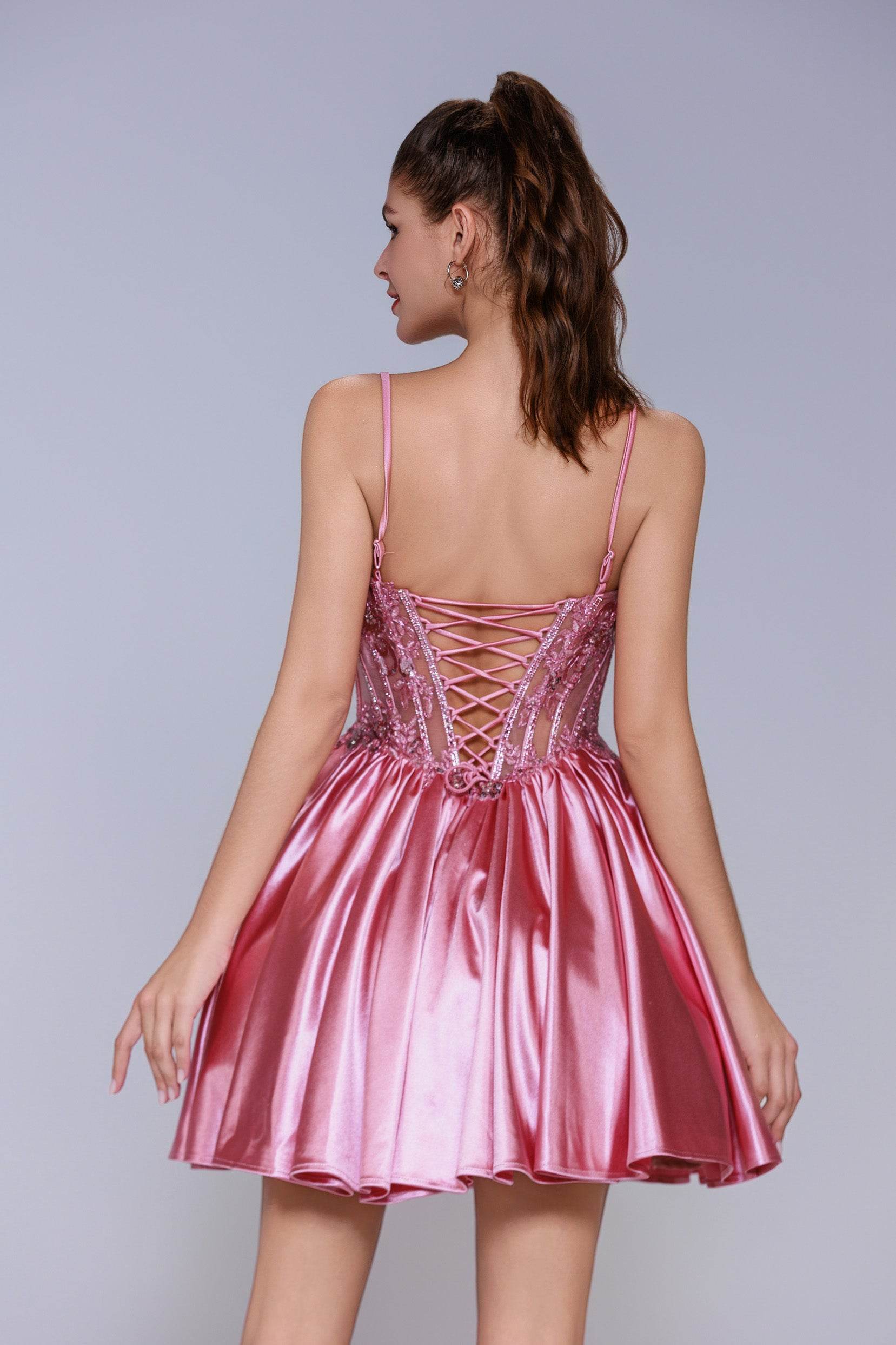 A-Line Mini Stretch Satin Pink Homecoming Dresses COCOMELODY CS1007 A-Line Mini Stretch Satin Pink Homecoming Dresses COCOMELODY CS1007