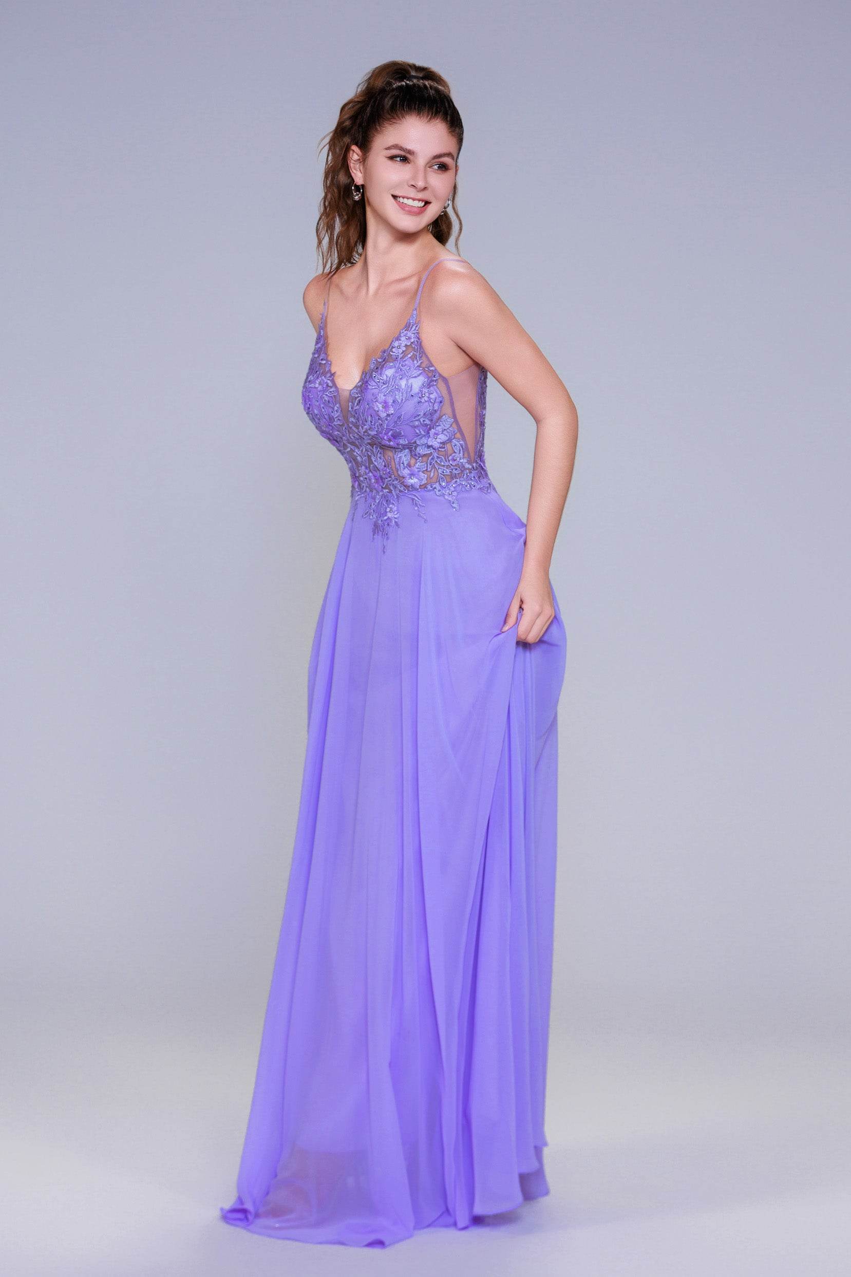 long purple chiffon dress STRAPLESS FITTED CHIFFON DRESS BY AMORIS T702 ESPRESSO / L