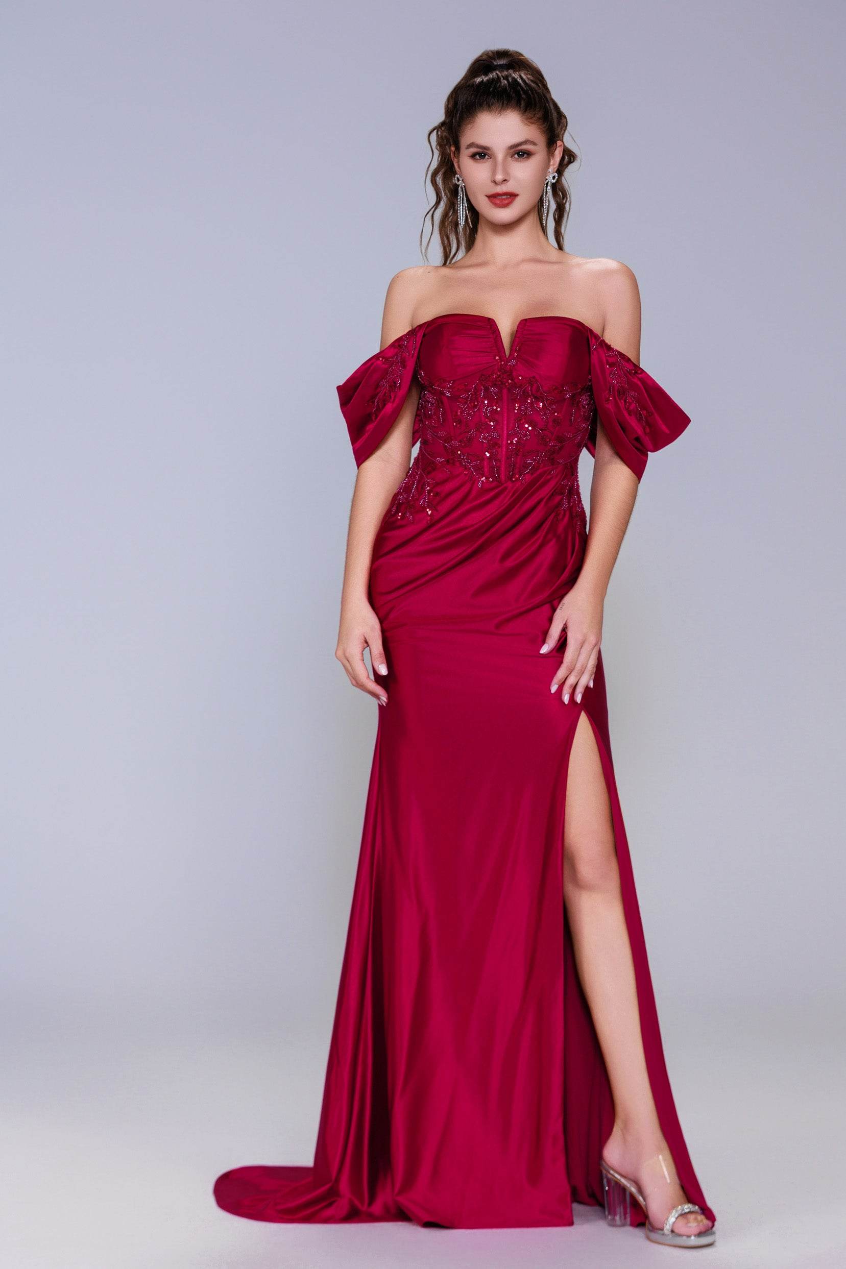 stretch satin prom dress Azazie Plus Size 2026 Lace Up Ruffles Column Prom Dress Wine Gown