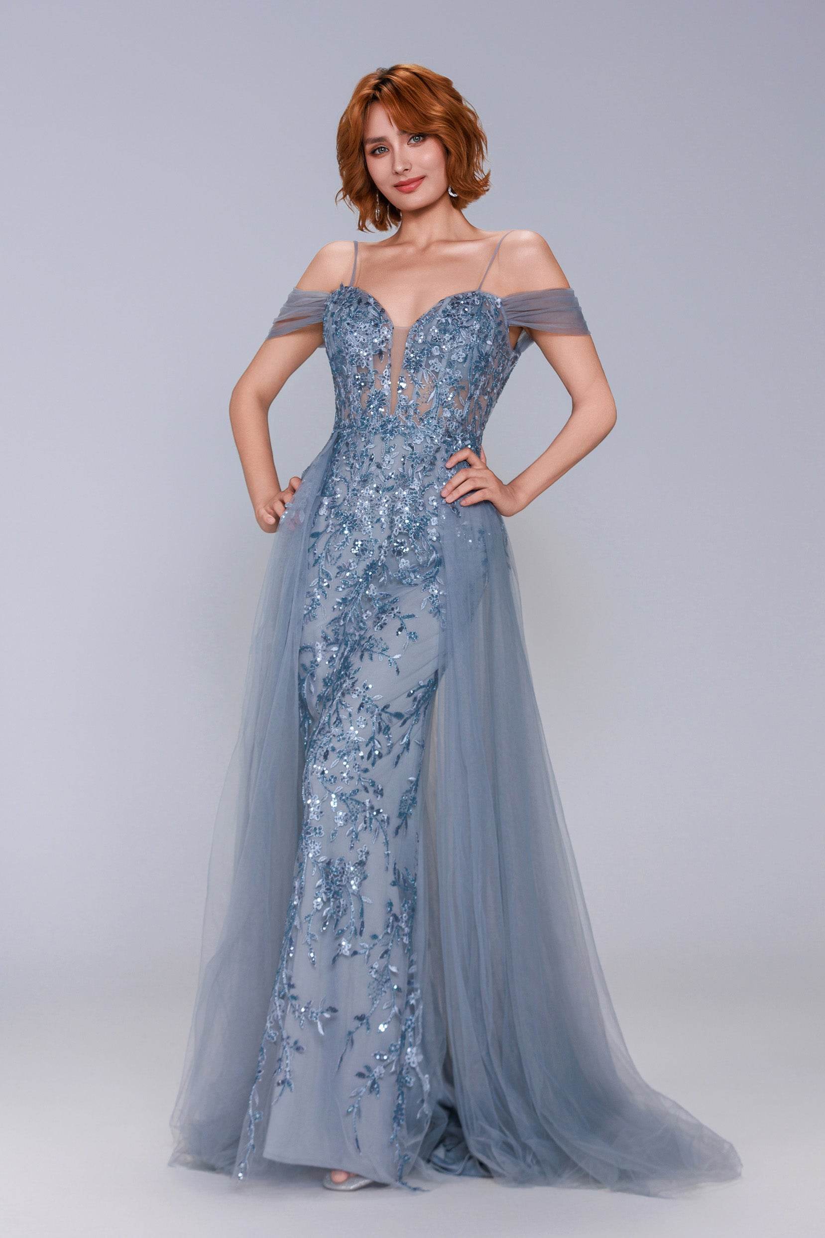 Sheath-Column Maxi Tulle Prom Dress CS1071 - COCOMELODY