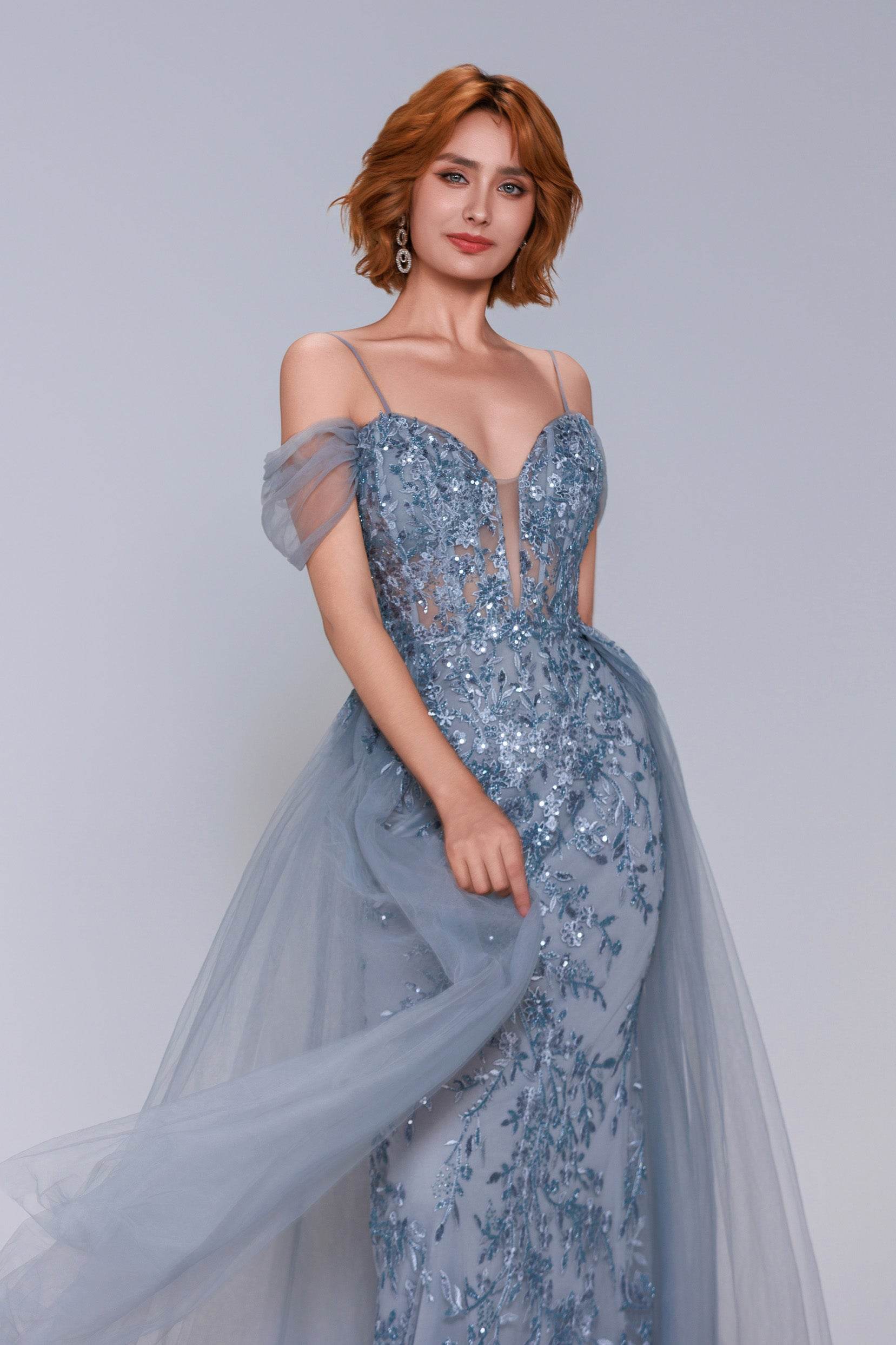 Sheath-Column Maxi Tulle Long Prom Dresses COCOMELODY CS1071