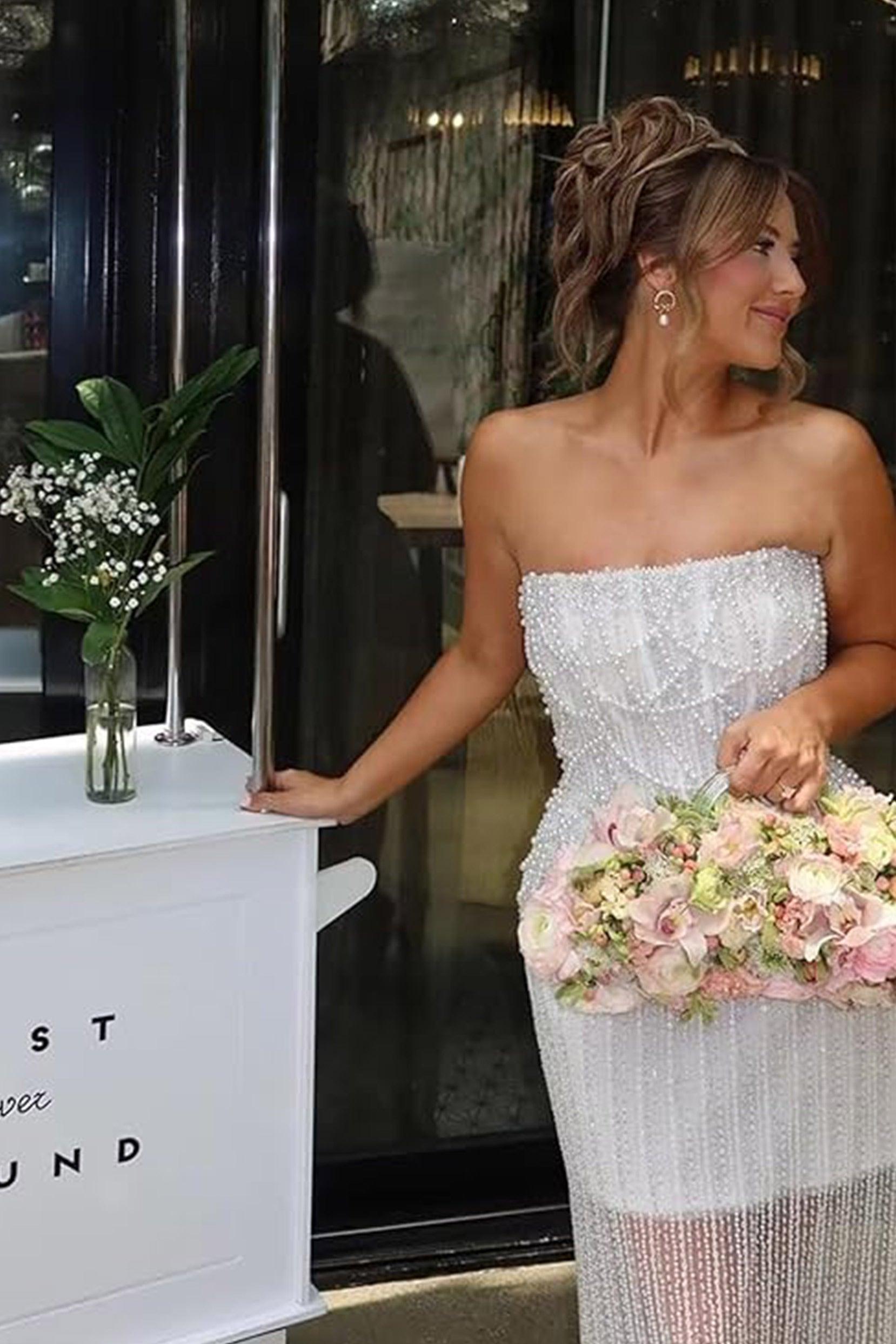 Strapless Pearl Beaded Cocktail Dress Sheath Column Sequined