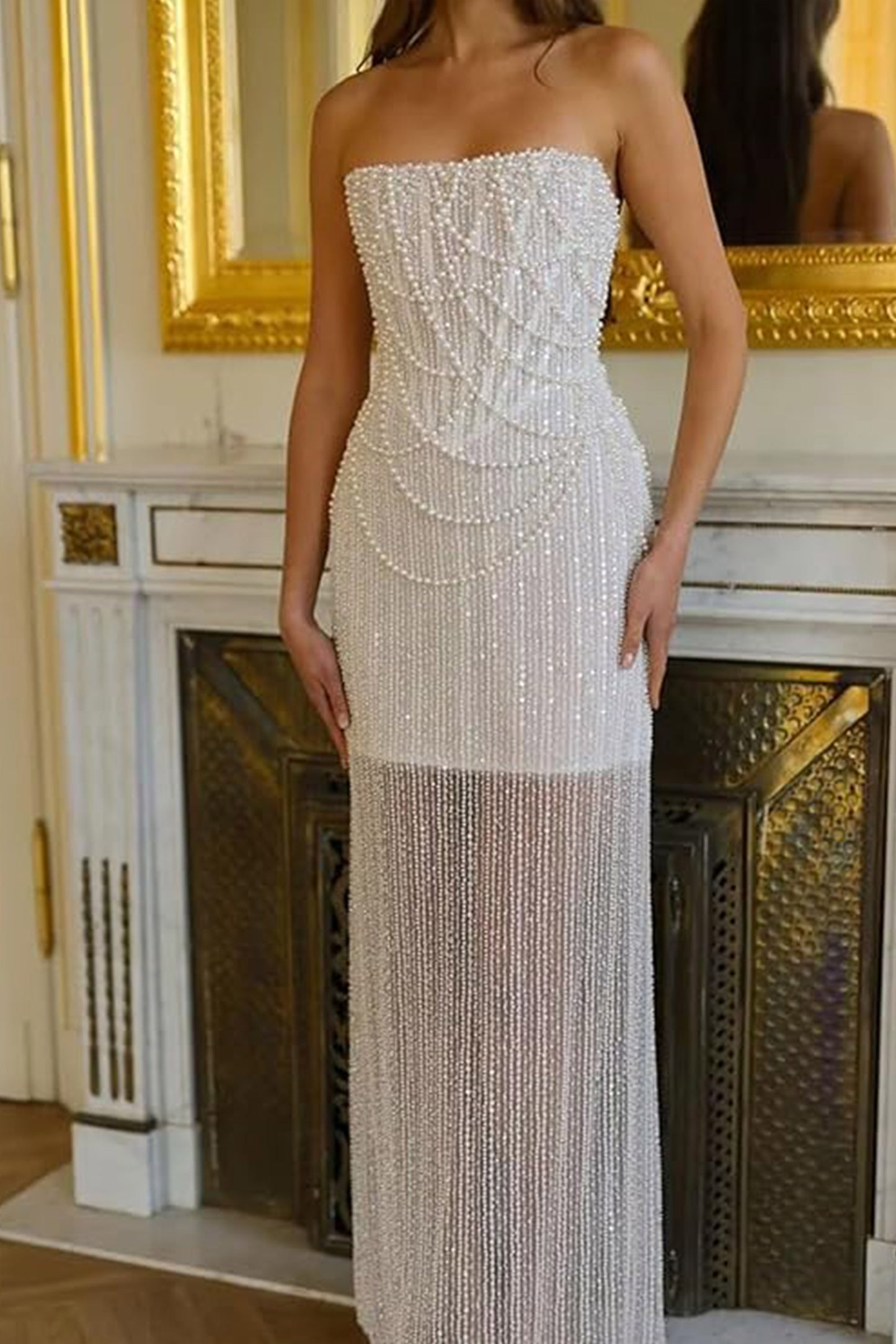 Sheath-Column Strapless Short Pearls Sequin Dress CS1075