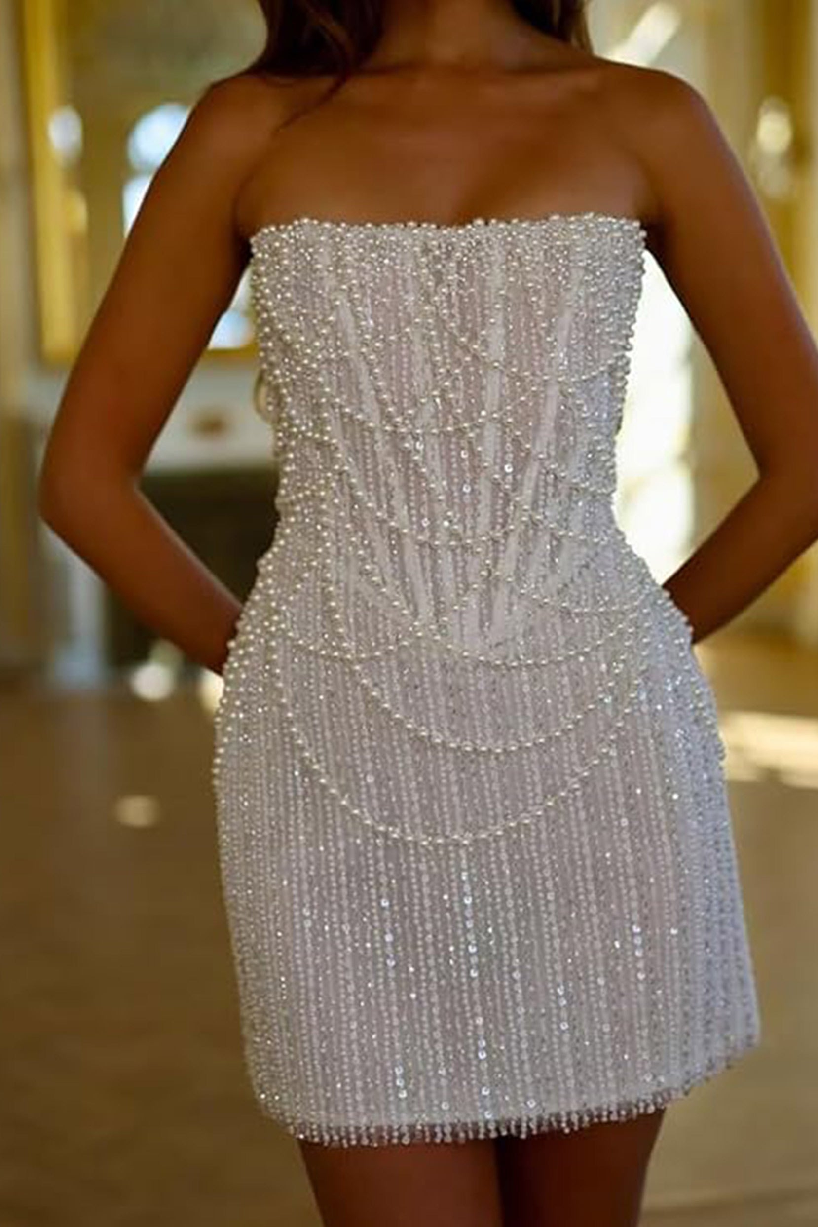 Strapless Pearl Beaded Cocktail Dress Sheath Column Sequined Formal Evening Gown COCOMELODY CS1075, Champagne / Short