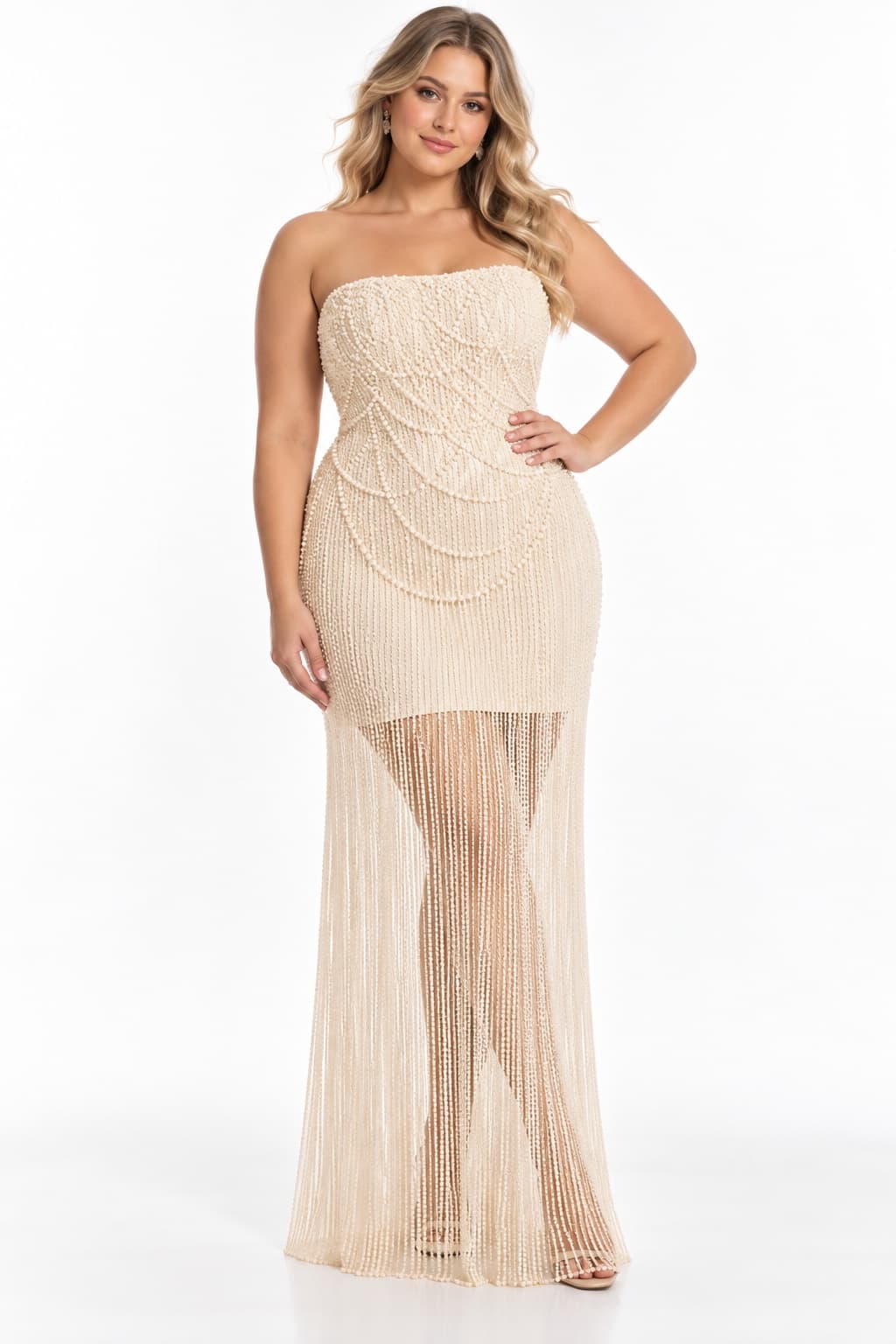 Sheath-Column Strapless Short Pearls Sequin Dress CS1075 - Champagne / Long - COCOMELODY