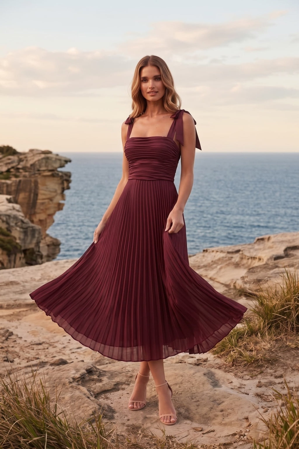 A-Line Tea Length Acetate Satin Chiffon Special Occasion Dress CS1079 - Wine - COCOMELODY