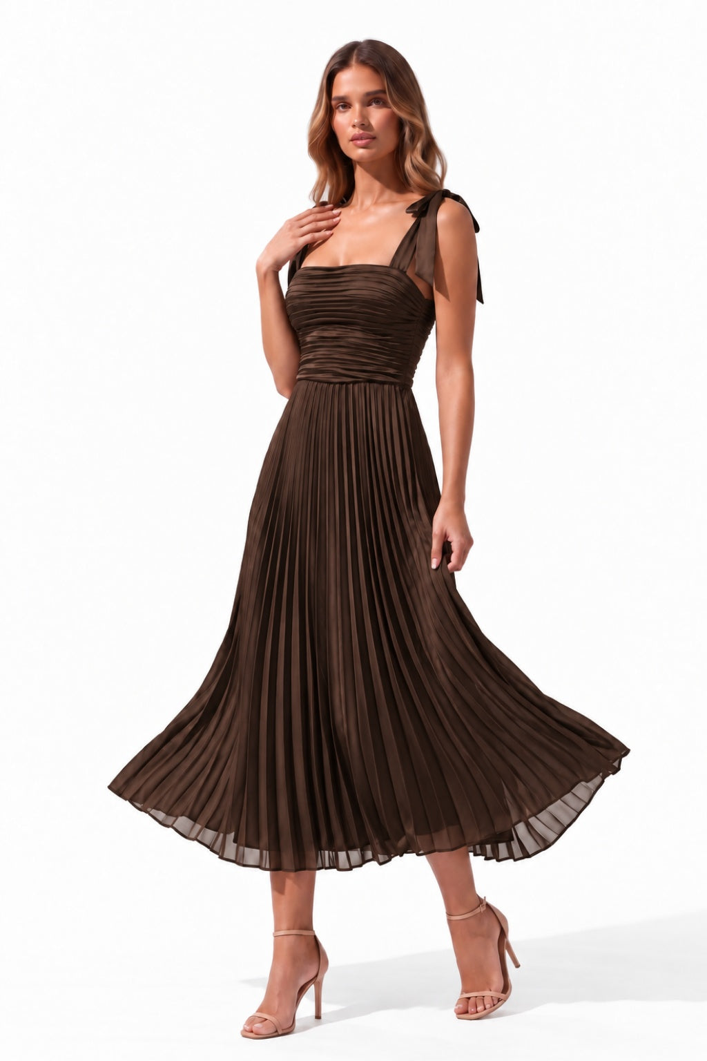 A-Line Tea Length Acetate Satin Chiffon Special Occasion Dress CS1079 - Bitter Chocolate - COCOMELODY