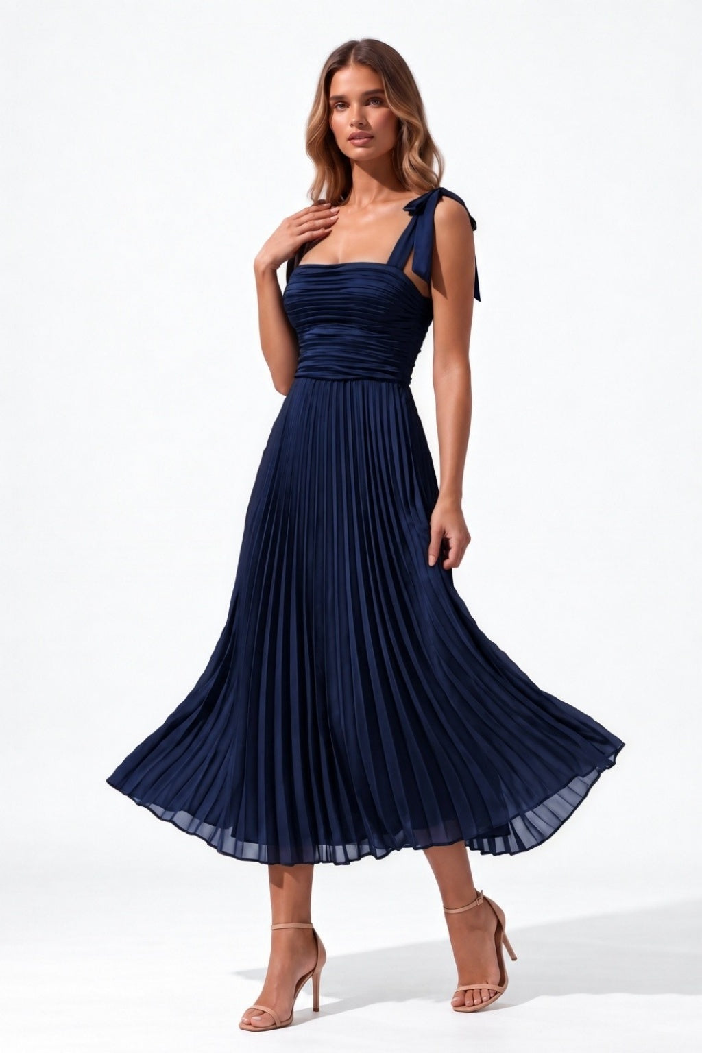 A-Line Tea Length Acetate Satin Chiffon Special Occasion Dress CS1079 - Dark Navy - COCOMELODY