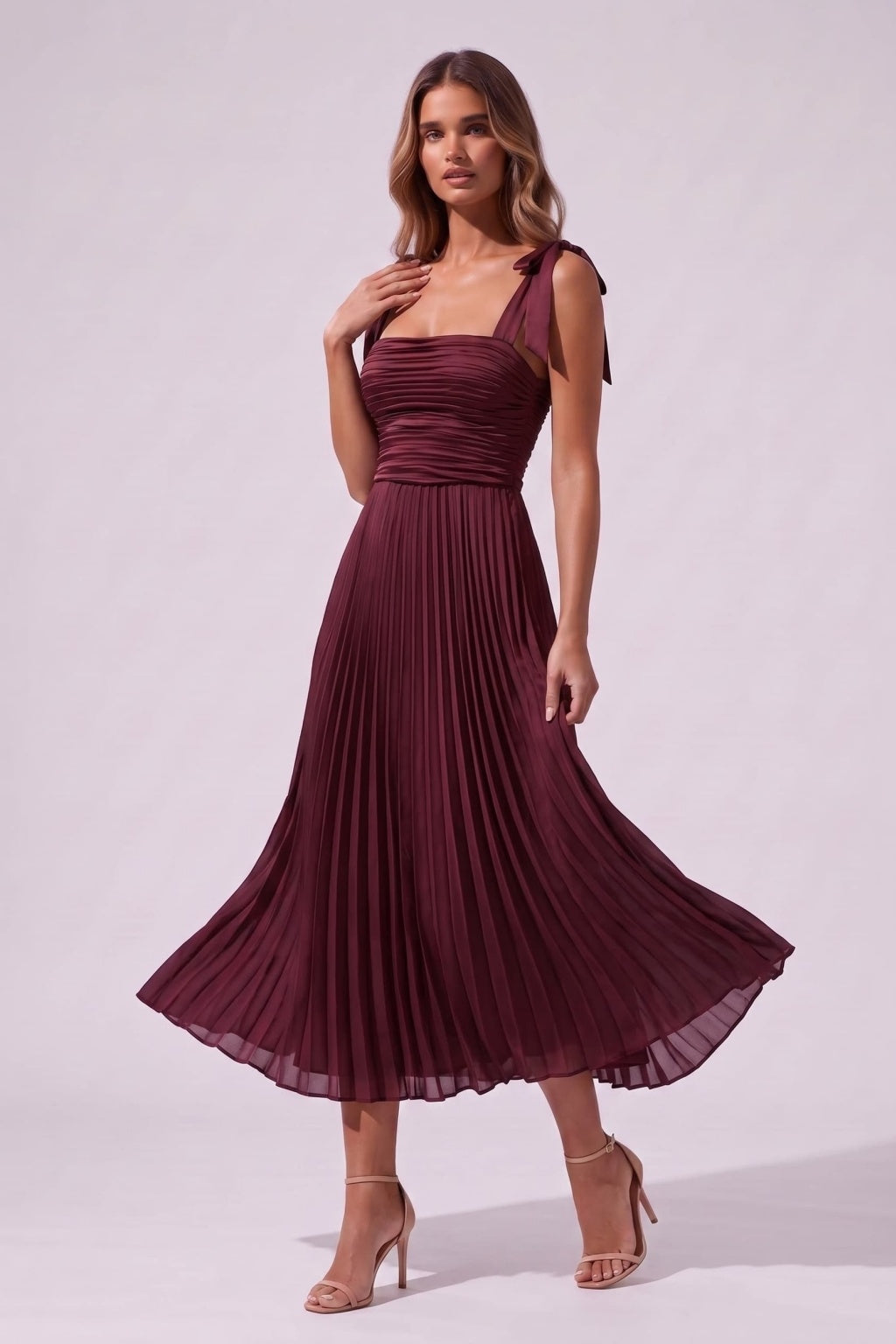 A-Line Tea Length Acetate Satin Chiffon Special Occasion Dress CS1079 - Wine - COCOMELODY