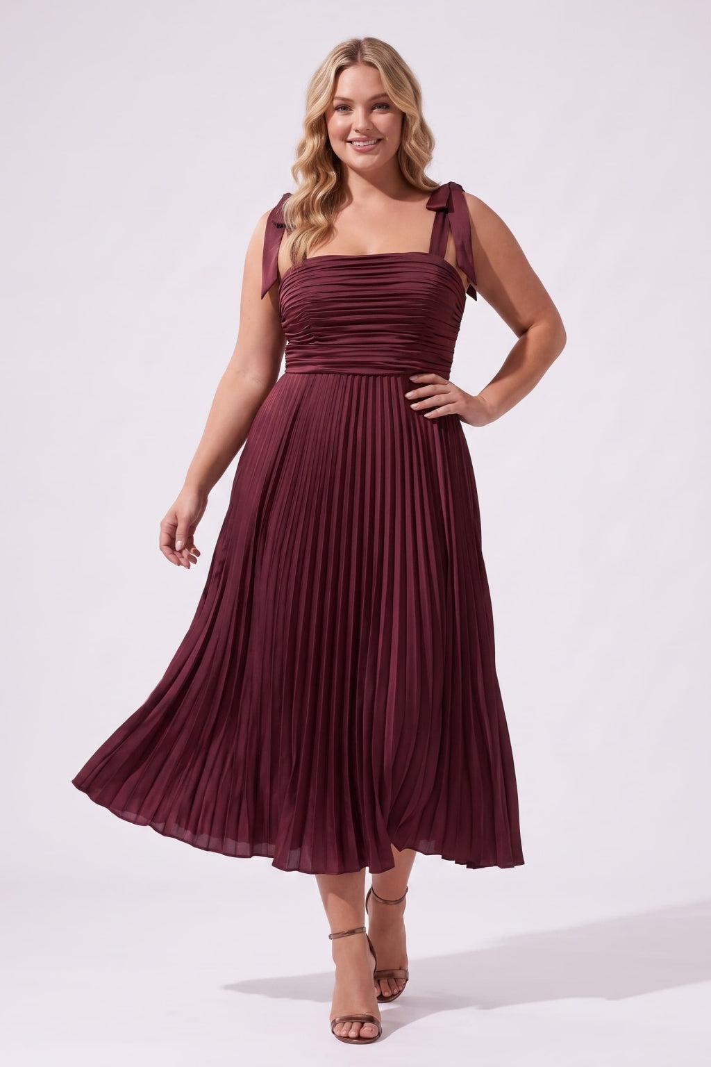 A-Line Tea Length Acetate Satin Chiffon Special Occasion Dress CS1079 - Wine - COCOMELODY
