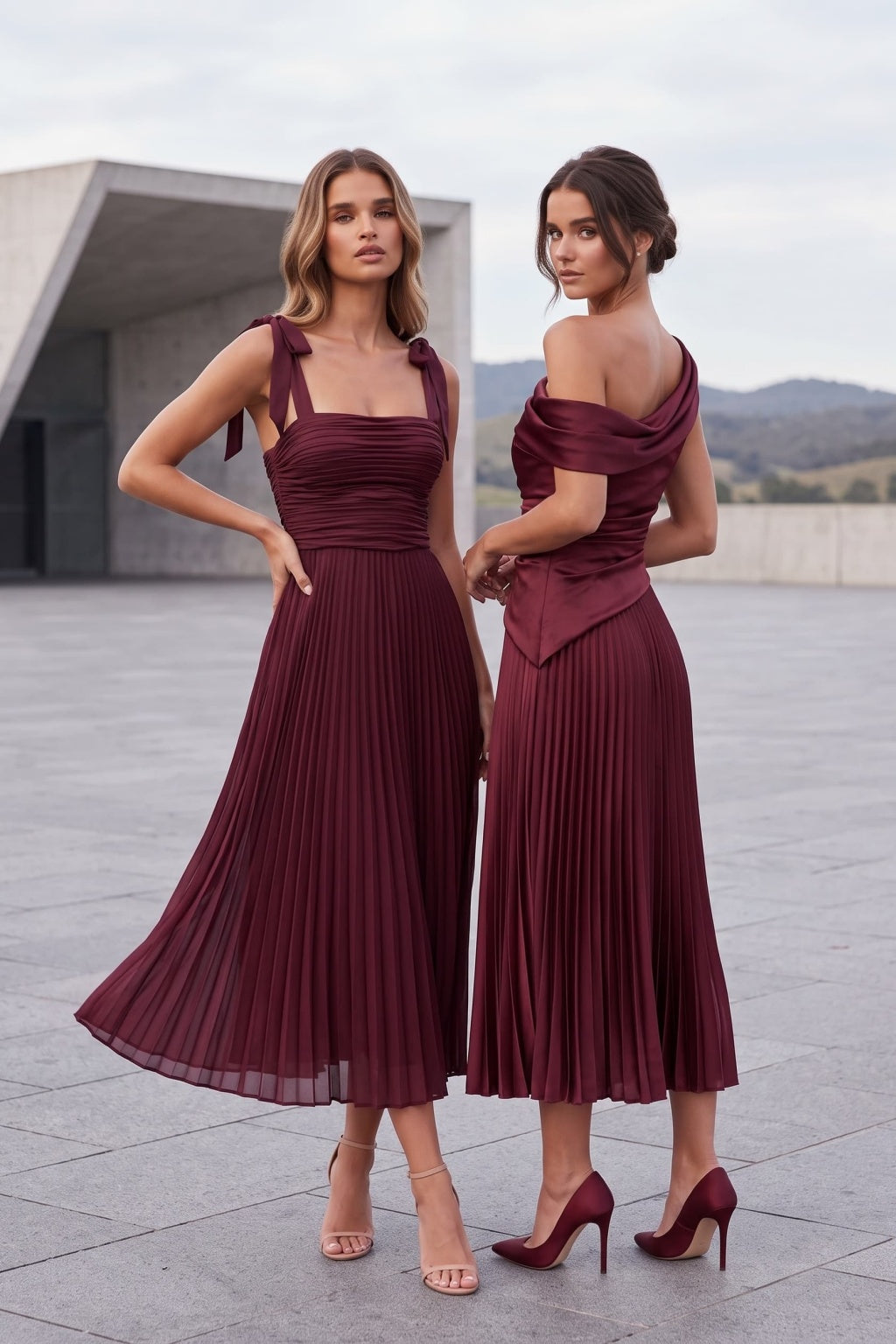 A-Line Tea Length Acetate Satin Chiffon Special Occasion Dress CS1079 - Wine - COCOMELODY