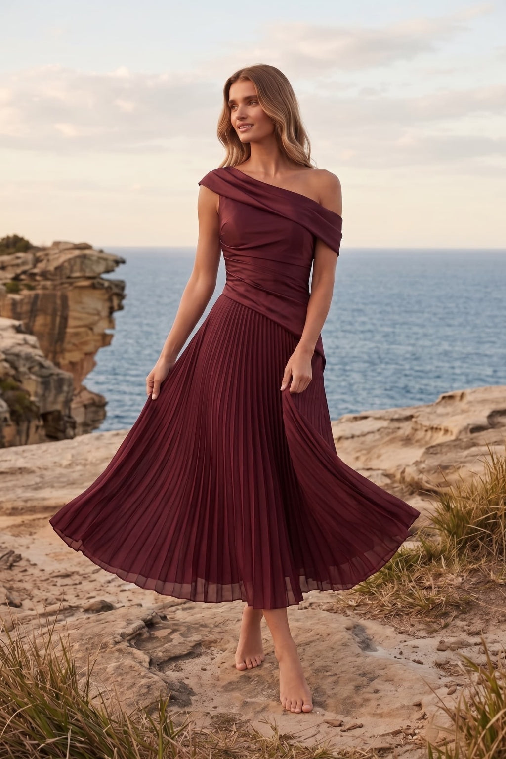 A-Line Tea Length Acetate Satin Chiffon Special Occasion Dress CS1080 - Wine - COCOMELODY