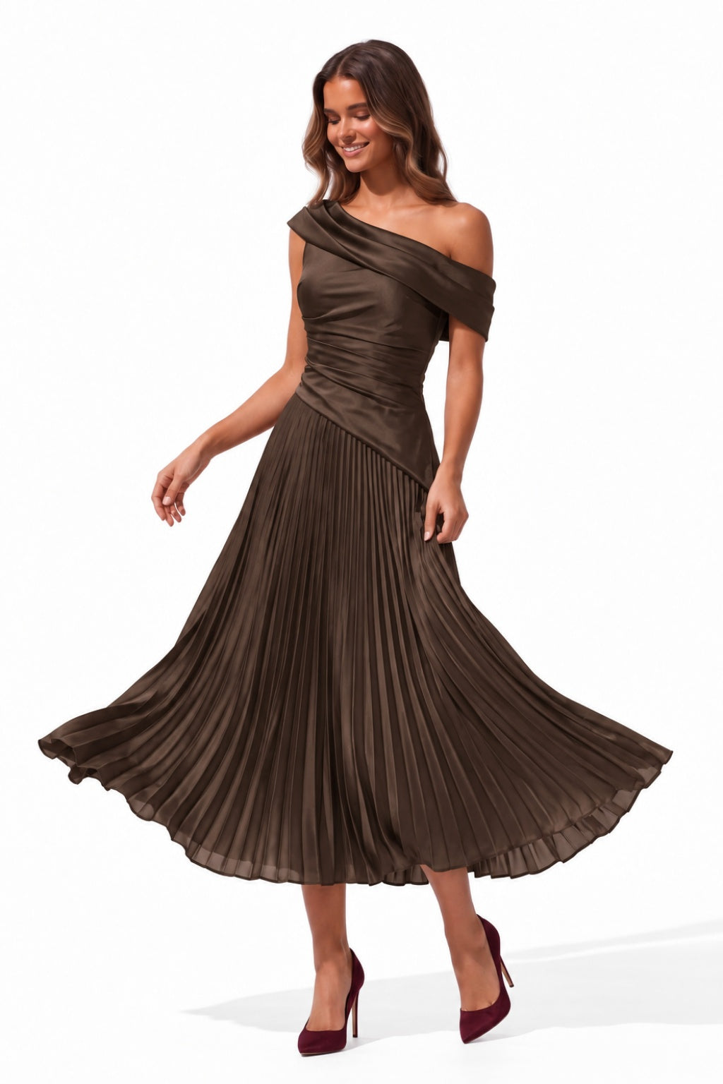 A-Line Tea Length Acetate Satin Chiffon Special Occasion Dress CS1080 - Bitter Chocolate - COCOMELODY
