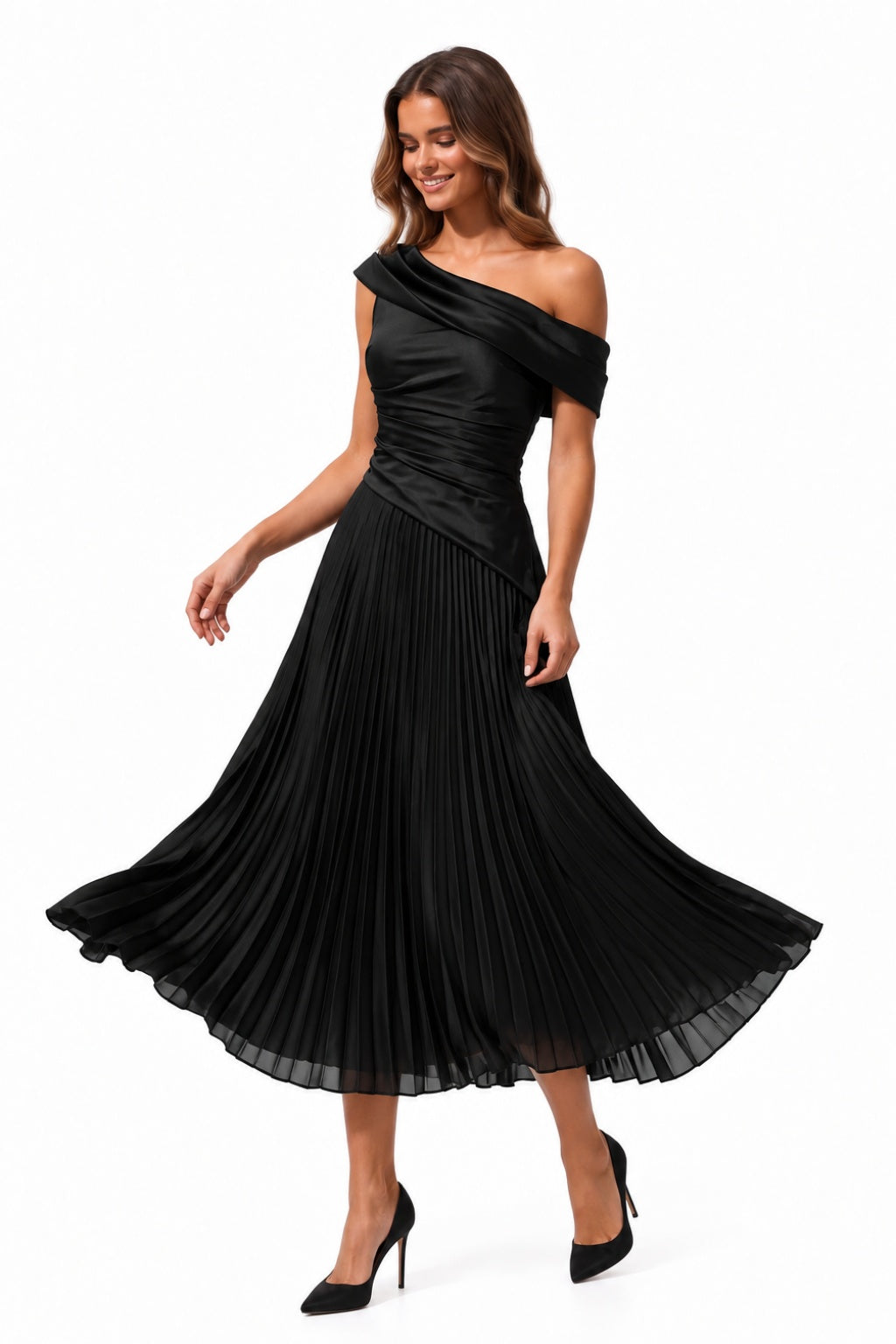 A-Line Tea Length Acetate Satin Chiffon Special Occasion Dress CS1080 - Black - COCOMELODY
