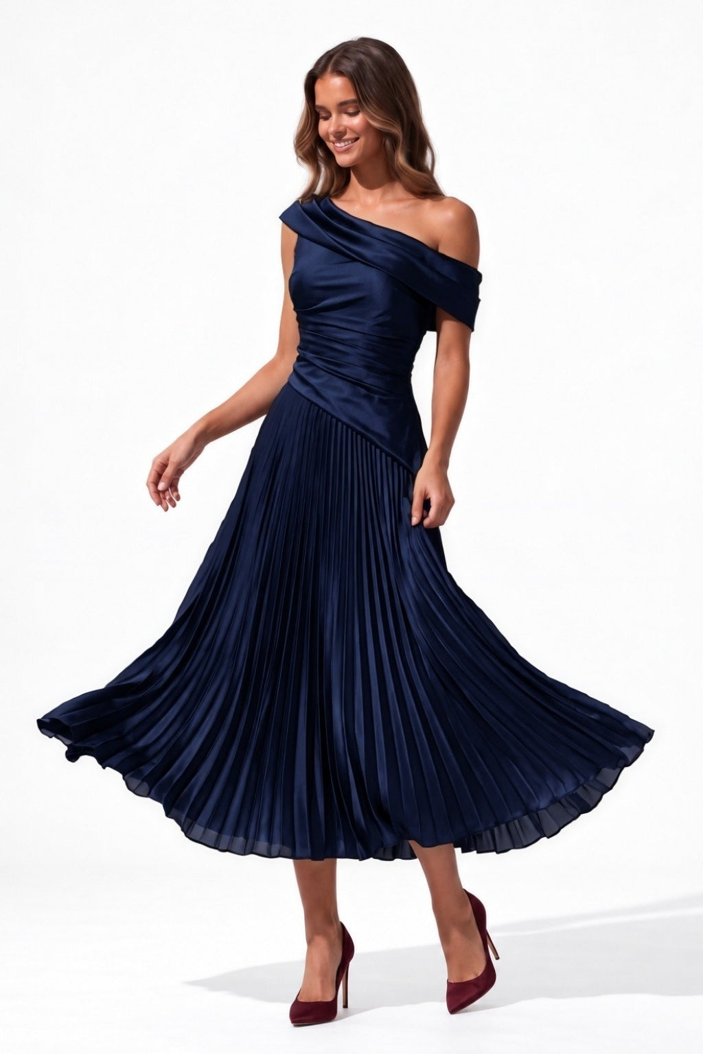 A-Line Tea Length Acetate Satin Chiffon Special Occasion Dress CS1080 - Dark Navy - COCOMELODY
