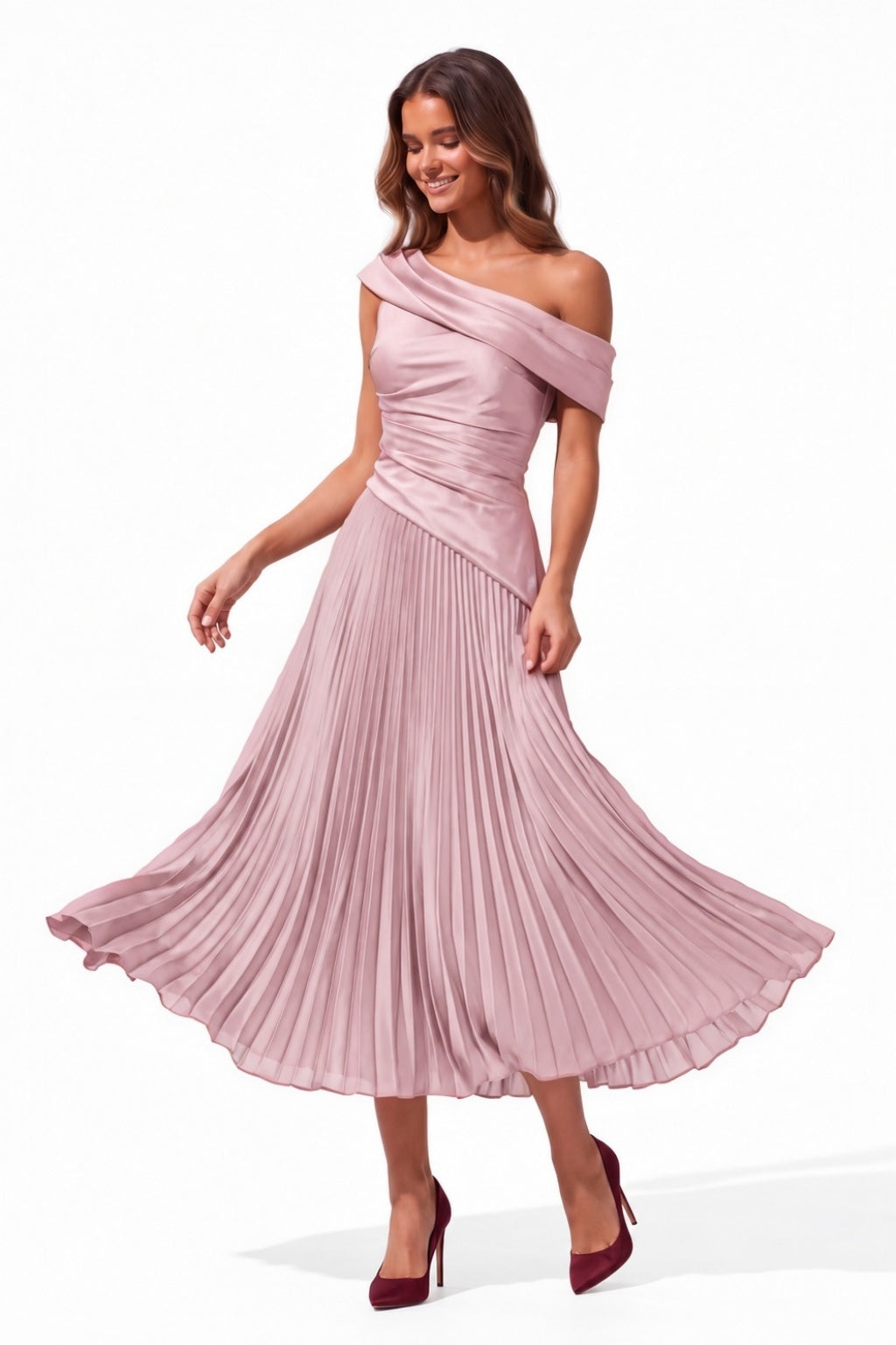 A-Line Tea Length Acetate Satin Chiffon Special Occasion Dress CS1080 - Dusty Rose - COCOMELODY
